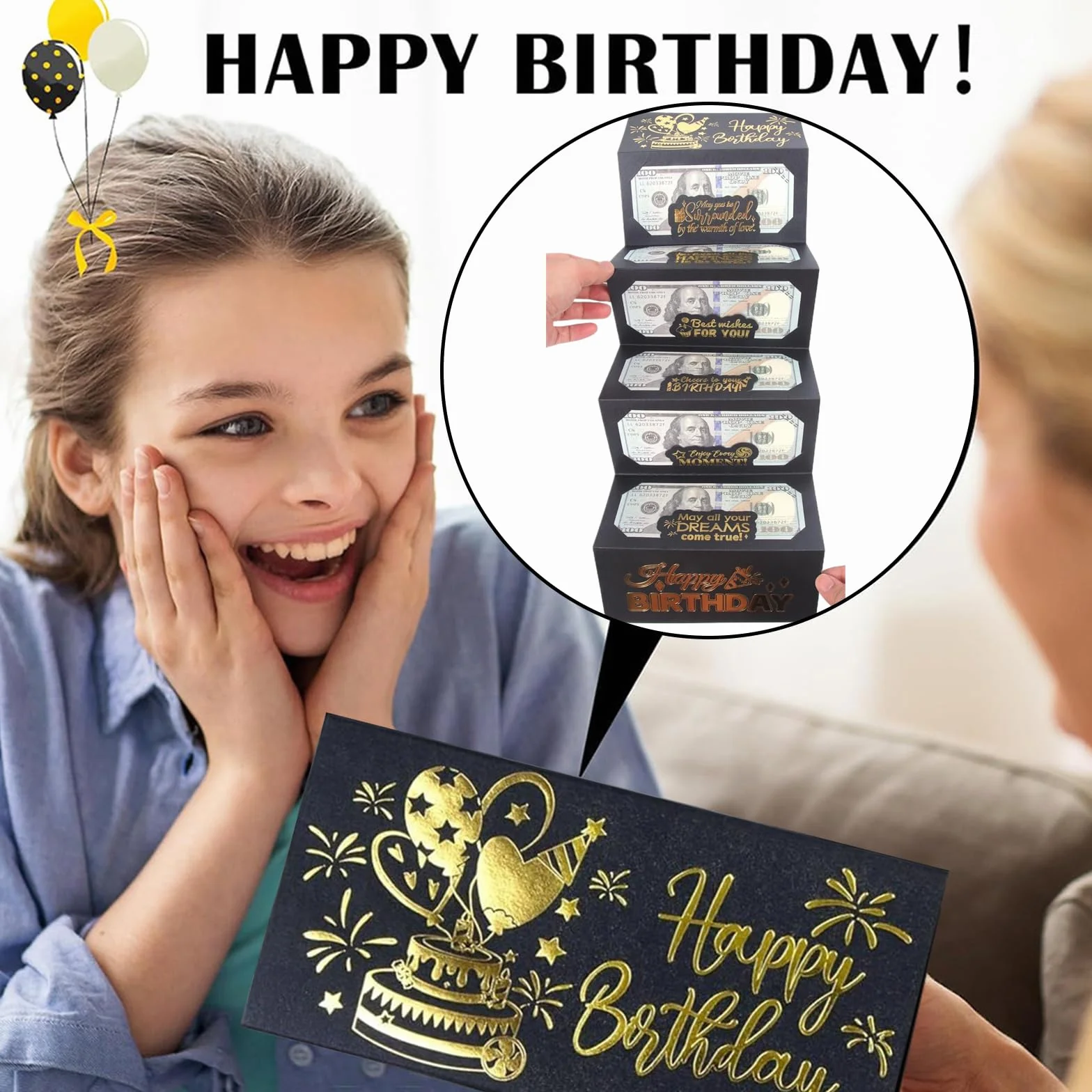 Biglietto Auguri Compleanno con Busta, Nero Oro, per Regali in Contanti