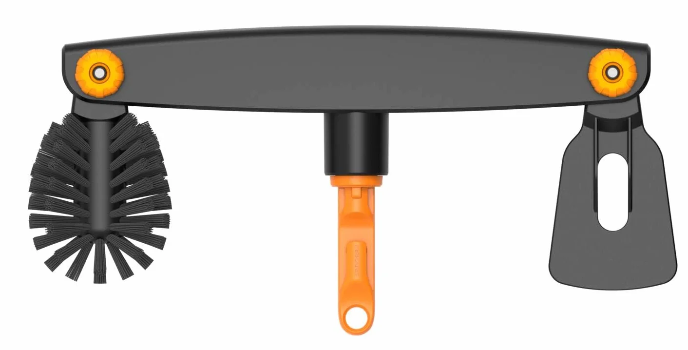 Fiskars Oneclick Pulitore per Grondaie, Accessorio con Raschietto e Spazzola, Cambio Un Clic, Angolo Regolabile, Nero/Arancione
