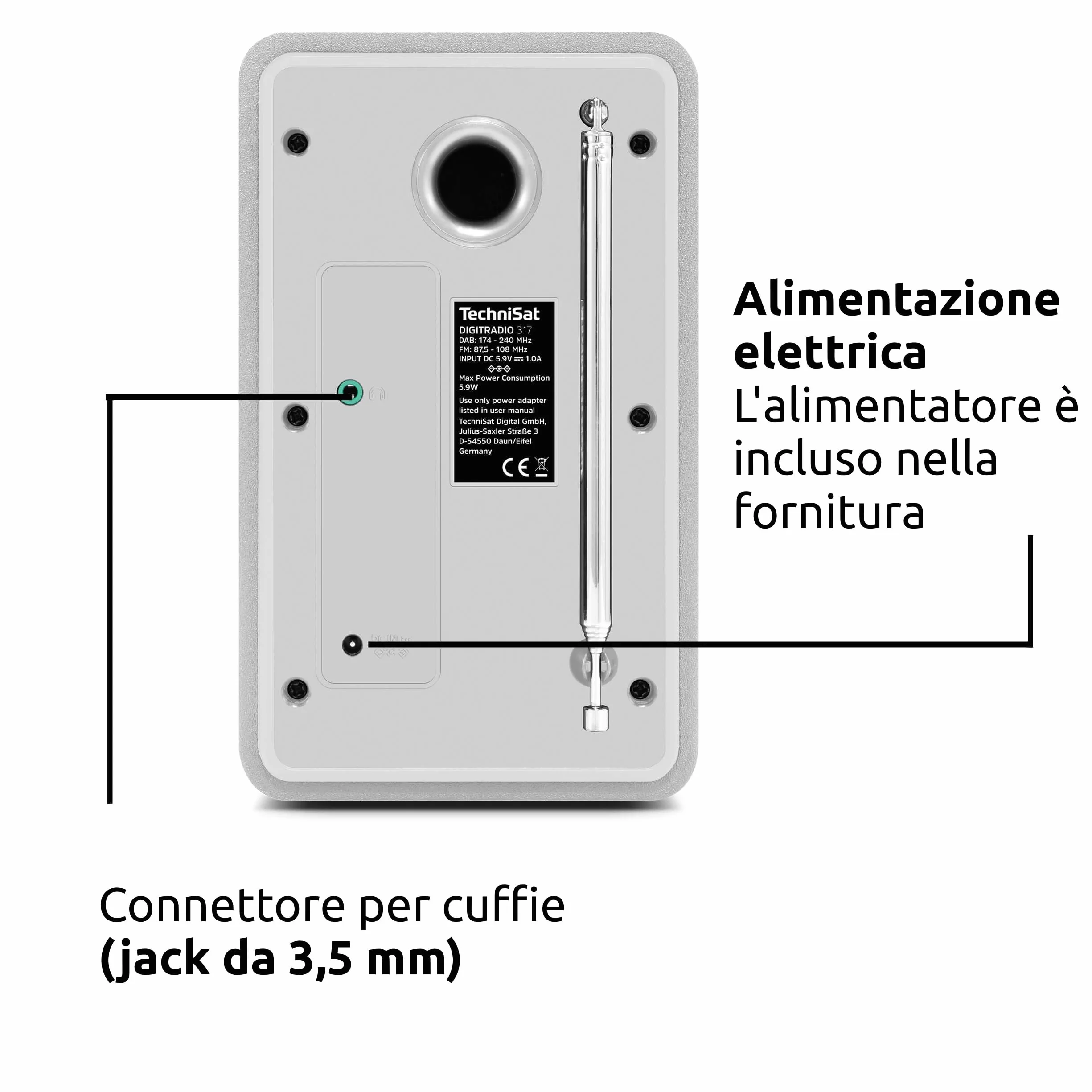 TechniSat DIGITRADIO 317 Radio FM DAB+ Bluetooth Streaming Sveglia Timer Display 2,4 Pollici 3W Bianco