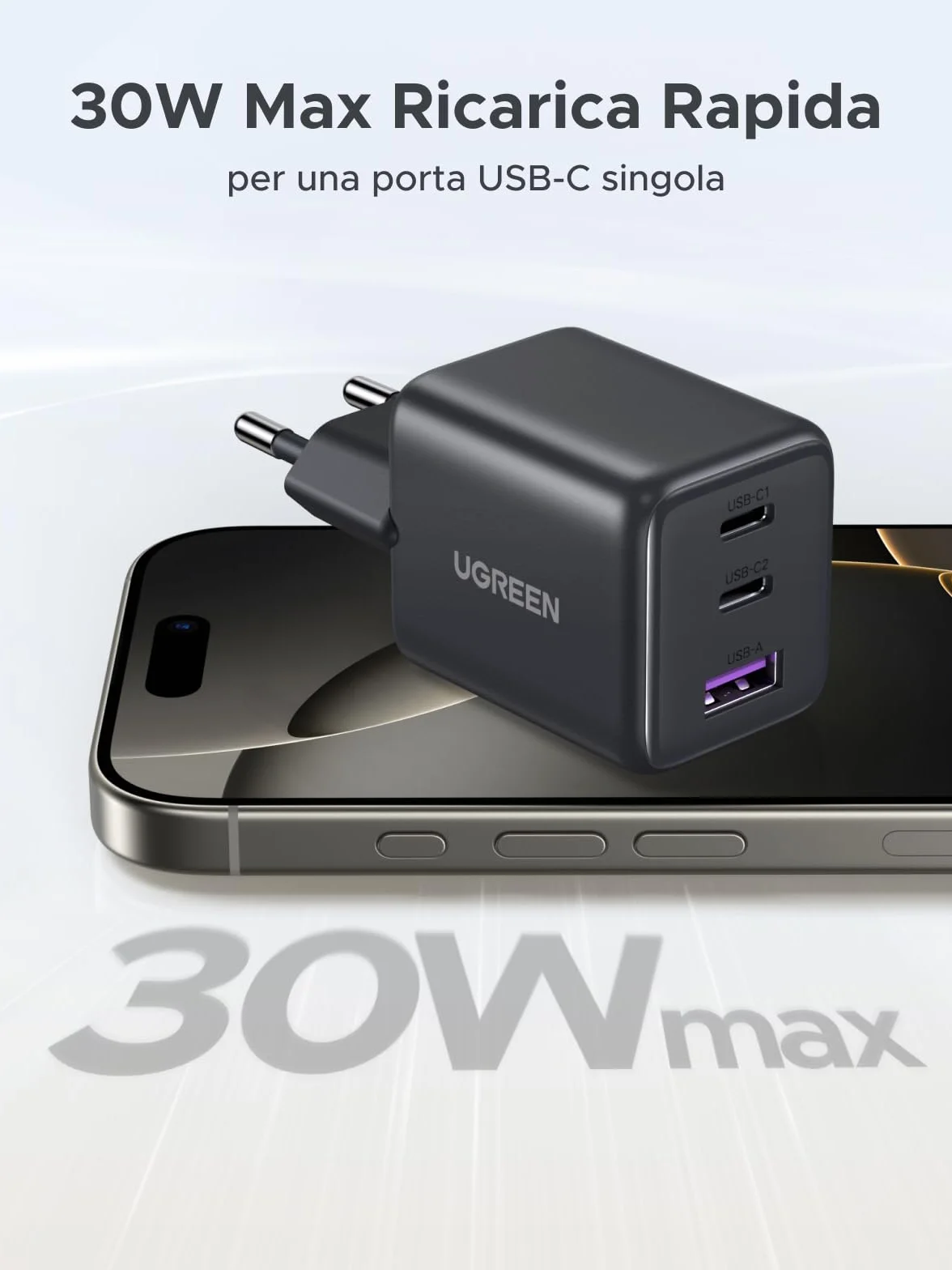 UGREEN Zapix Caricatore USB C 30W Carica Rapida GaN 3 Porte PD Compatibile iPhone 17 Pro Max Air 16 15 Galaxy S26 S25 S24 Ultra A57 A16 Pixel 10 9 8 iPad MacBook Air Nero