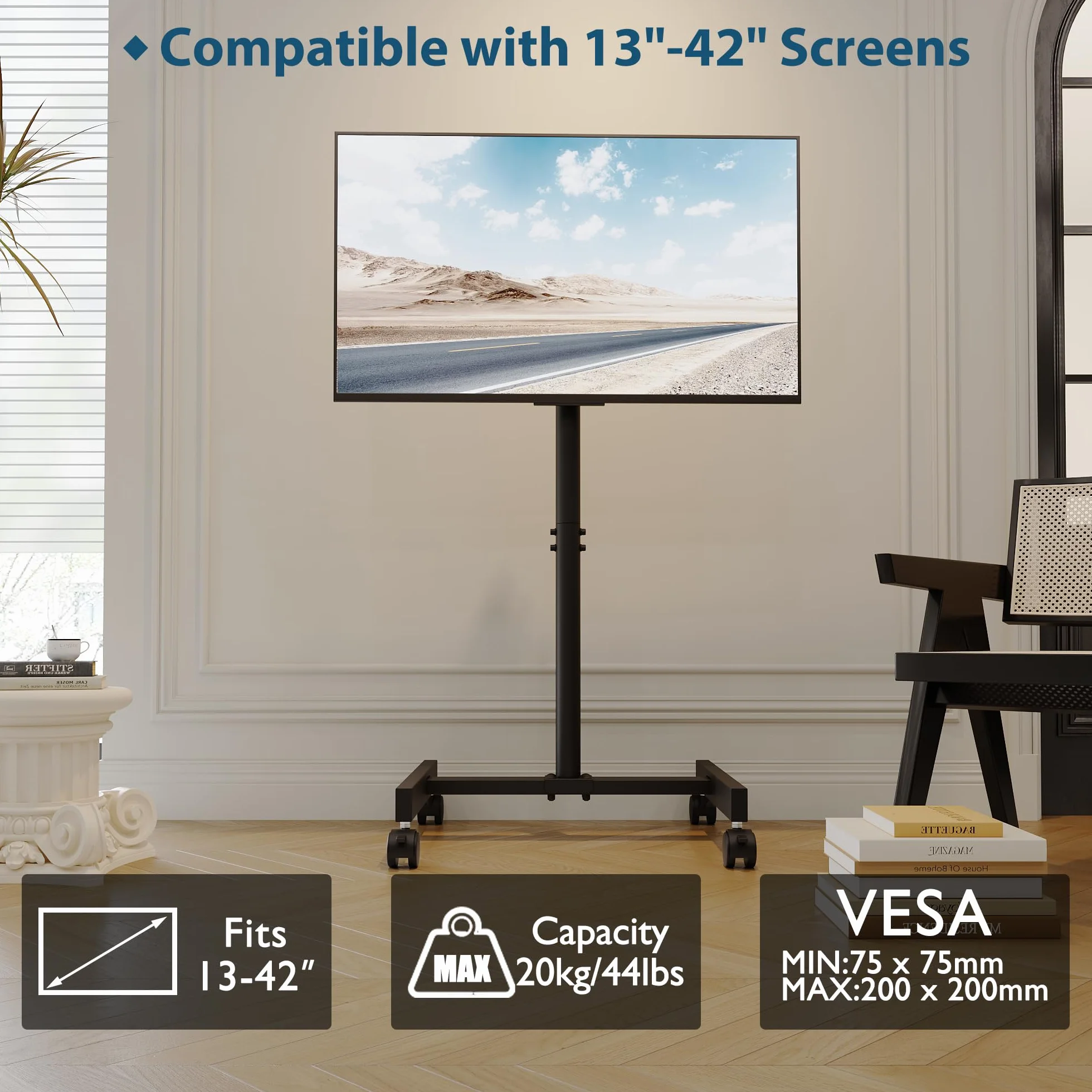 BONTEC Supporto TV da Pavimento con Ruote per Schermo 13-42 pollici LED LCD Plasma, Carrello Mobile Fino a 20 kg, VESA 200x200 mm