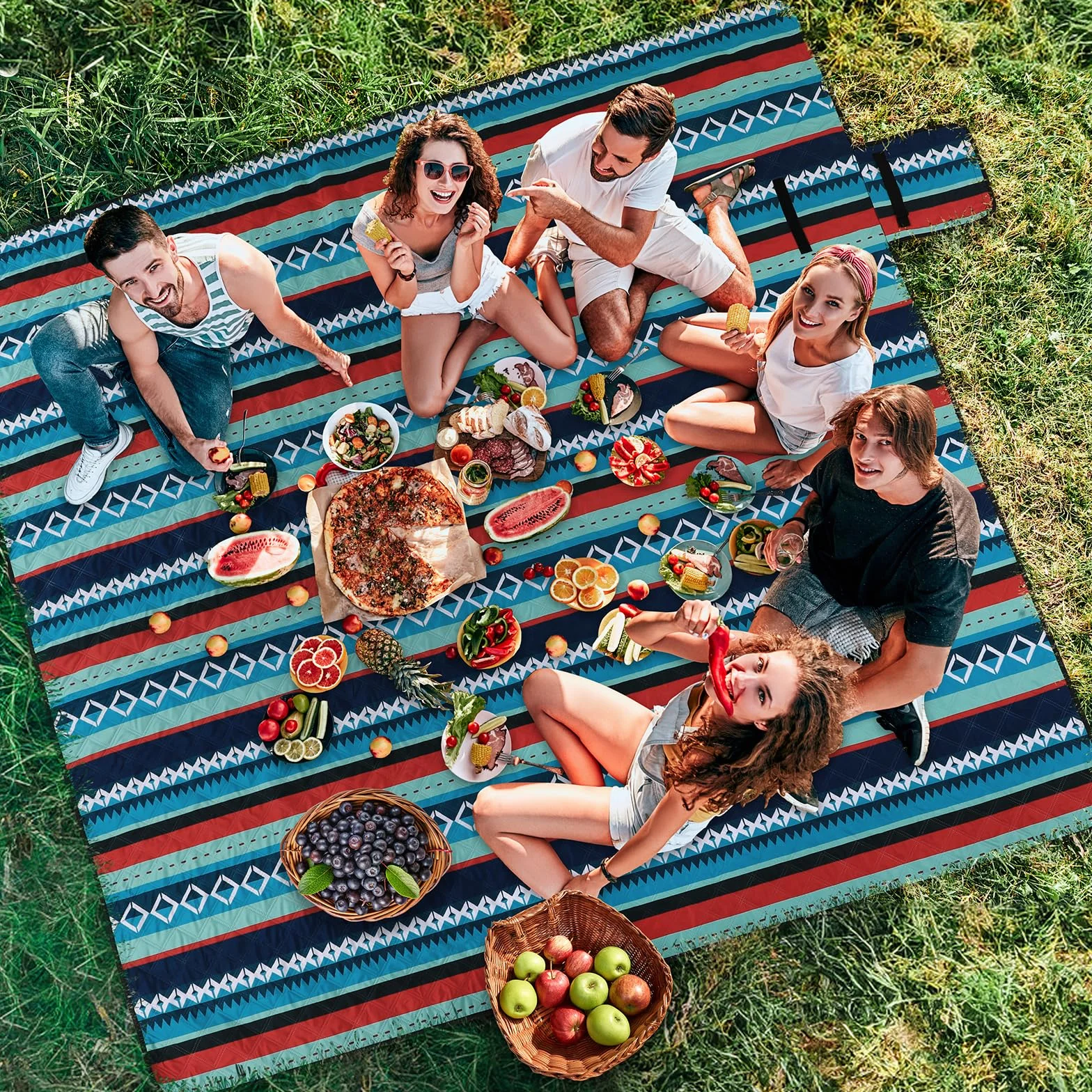 LIFERUN Coperta da picnic XXL 200x300 cm lavabile in lavatrice pieghevole verde a righe