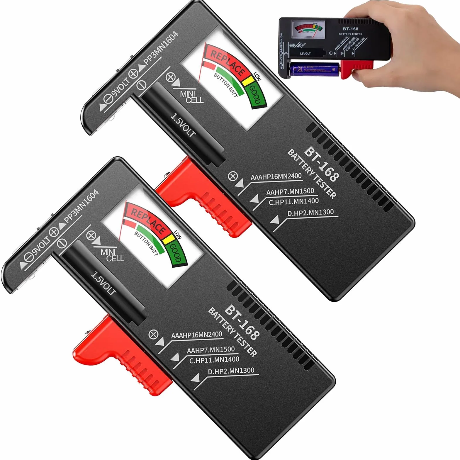Set di 2 Tester Batteria Universale per Batterie AA AAA C D 9V 1.5V e a Bottone Nero