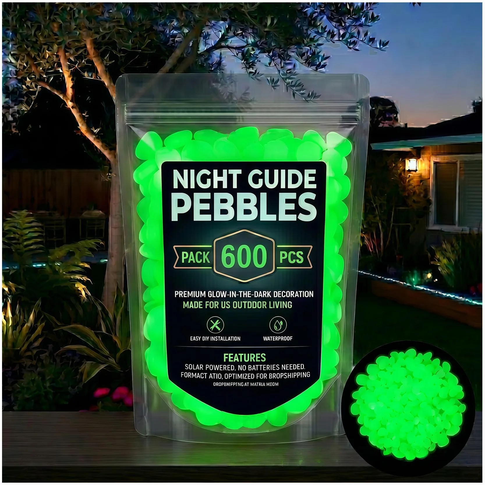 Night Guide Pebbles, Colorful Glow-In-The-Dark Garden Stones for Outdoor Walkway, Yard Landscaping, Planters, Fish Tank Aquarium Decor (Green,600)
