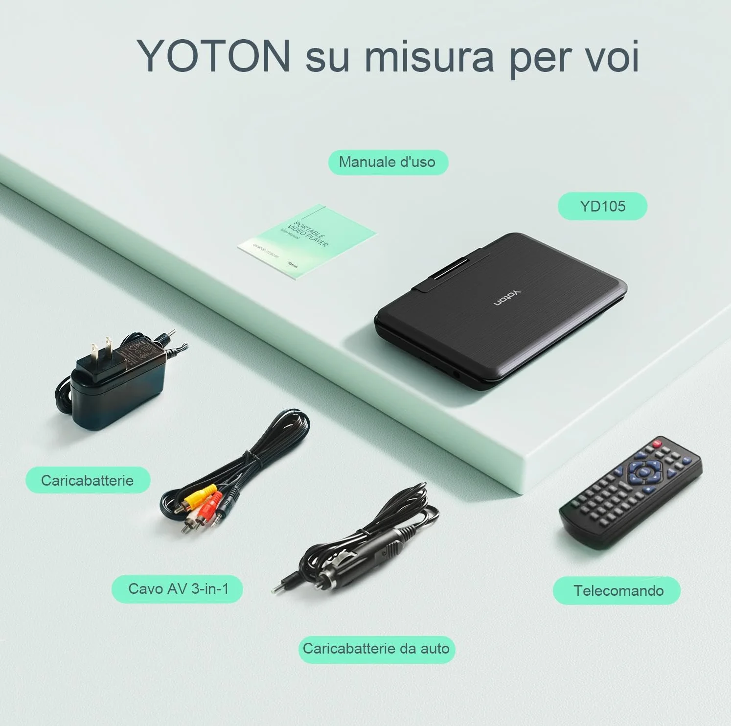 YOTON Lettore DVD Portatile 12,5" Schermo Girevole HD 10,5" per Auto Bambini Batteria 6 Ore USB SD TV Nero