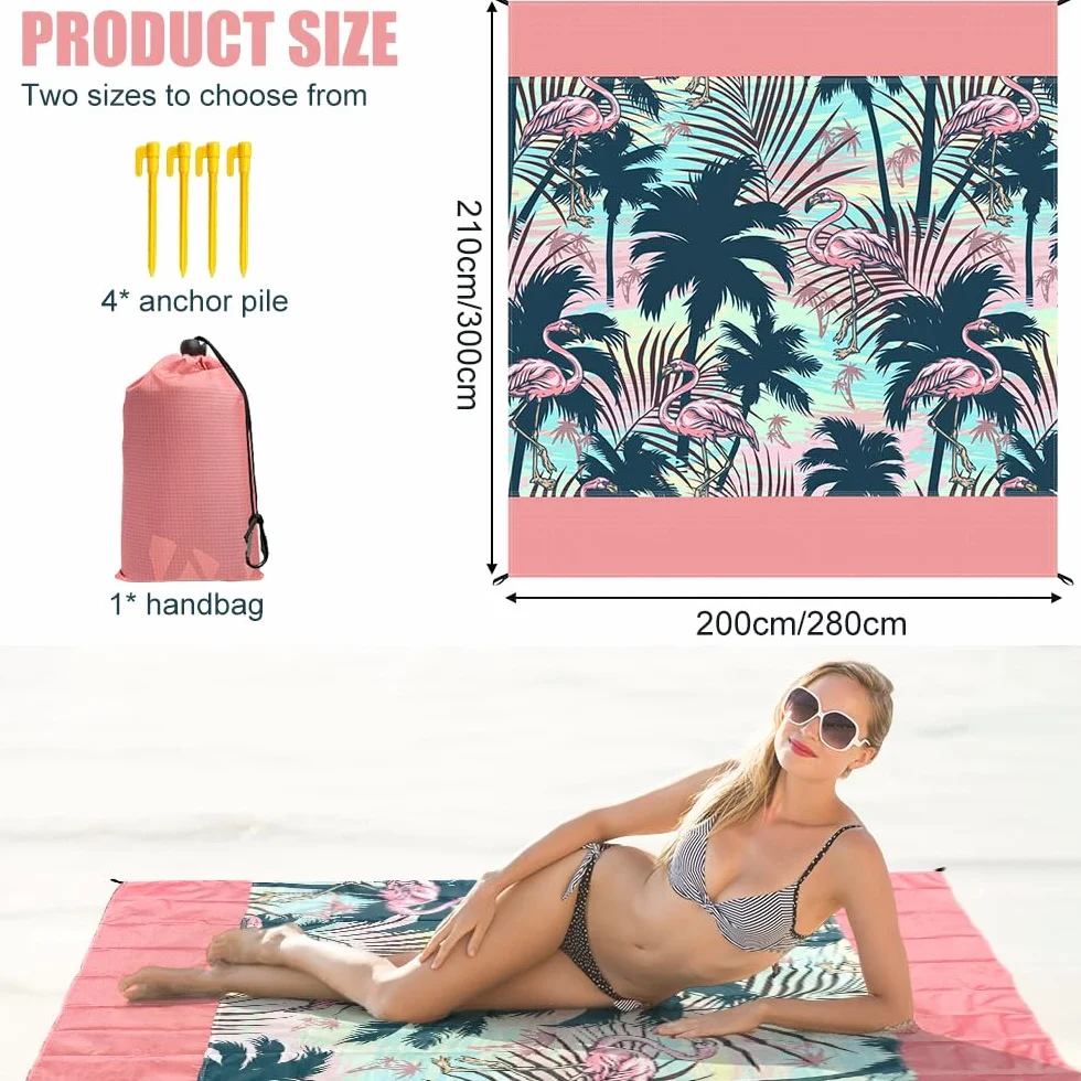 Coperta da Spiaggia Impermeabile 280x300 cm Telo Anti Sabbia con Picchetti Leggera Portatile