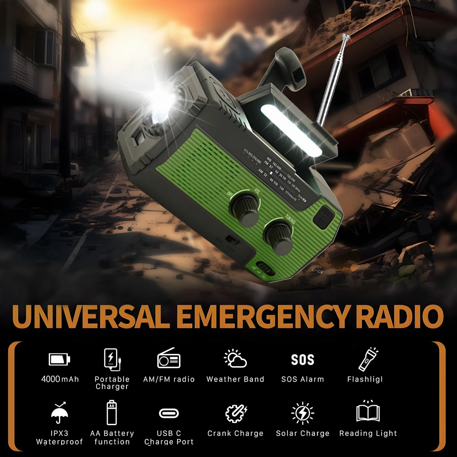 SOLARBABY Radio solare di emergenza con manovella, torcia LED, allarme SOS, AM/FM, batteria 4000 mAh, ricarica smartphone (Verde)