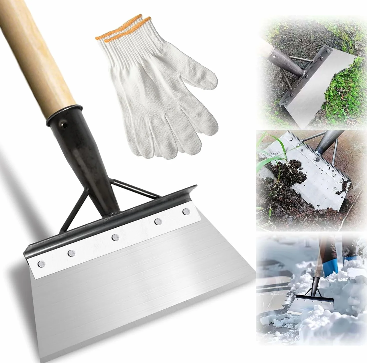 HOSSOM Pala di Pulizia Multifunzionale, Pala da Giardino, Pala per la Pulizia Del Giardino, Pala Piatta in Acciaio, per Rimuovere le Erbacce, Spalare la Neve (manico in legno non incluso)25cm