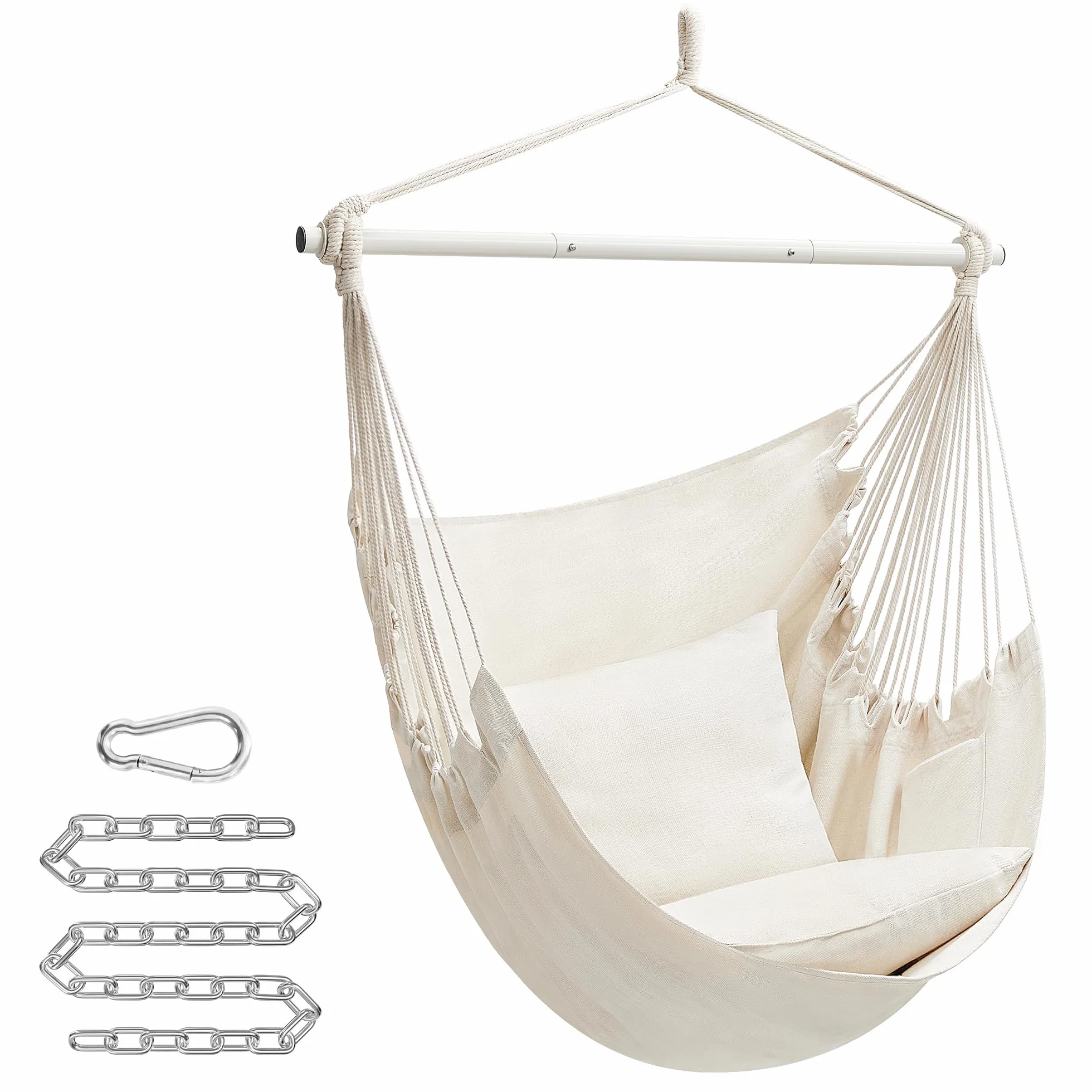 SONGMICS Sedia Amaca, Grande Sedia Sospesa con 2 Cuscini, Sedia a Dondolo con Catena, Capacità 150 kg, per Interni, Esterni, Soggiorno, Camera da Letto, Bianco Crema GDC197M01