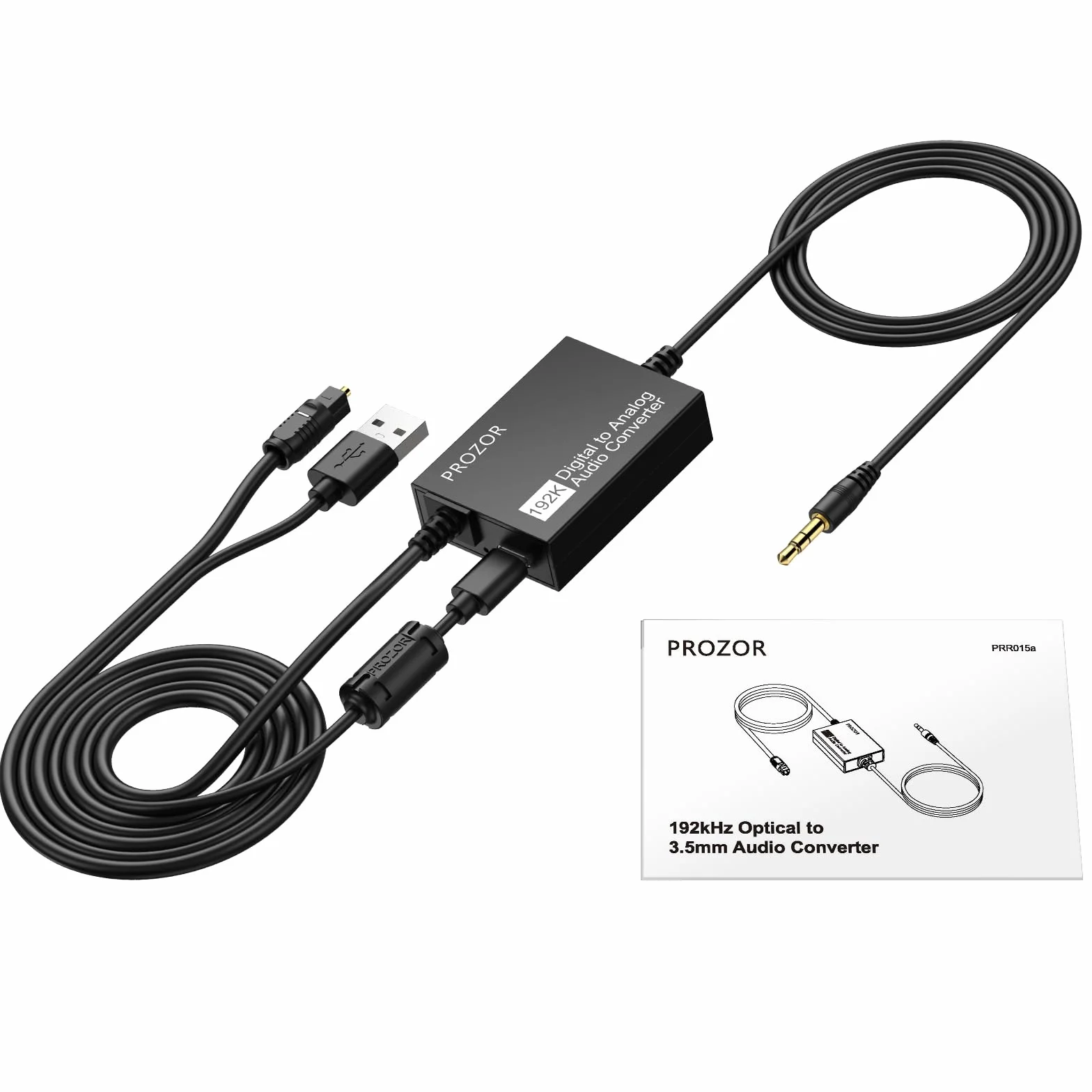 PROZOR Convertitore Ottico Digitale-Analogico 3,5 mm a 192 kHz DAC SPDIF Toslink 2.0CH Adattatore AUX