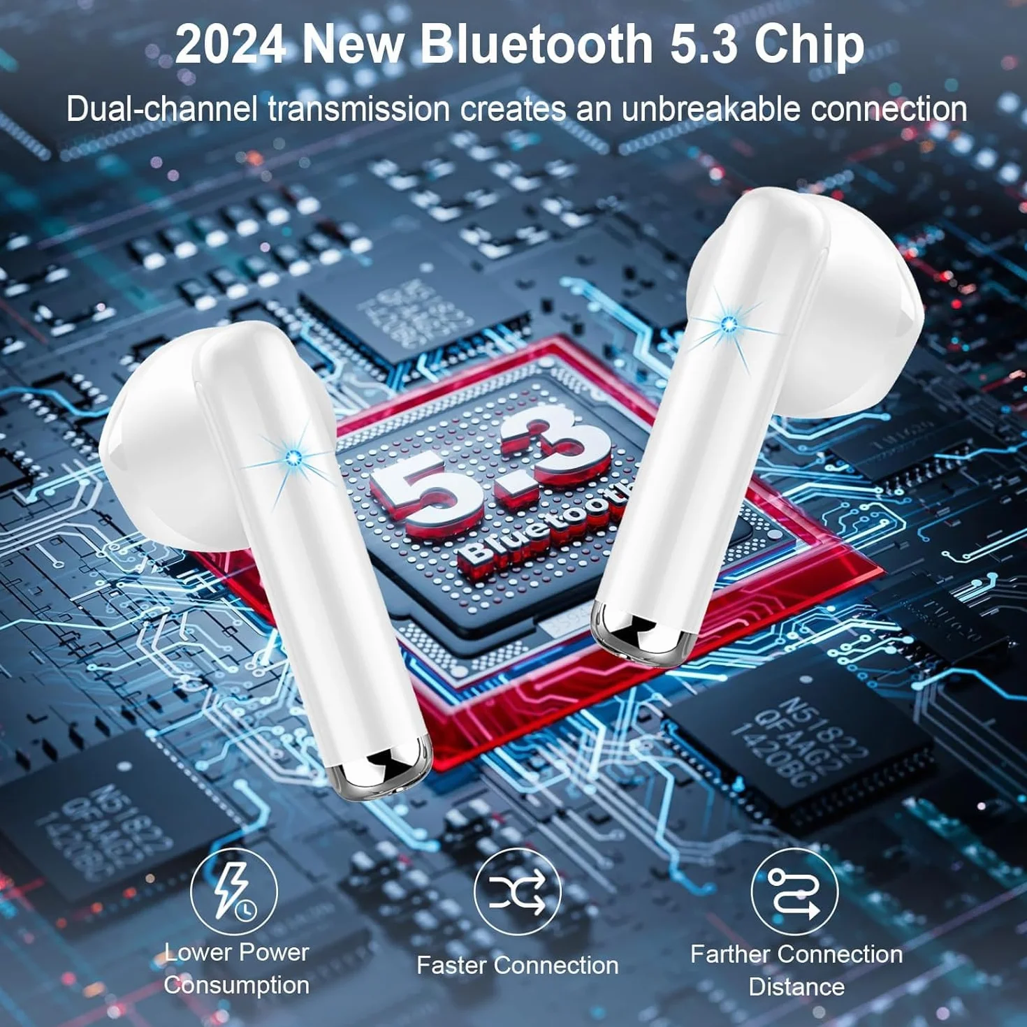 Cuffie Bluetooth 5.3 Wireless In Ear, 50 Ore Stereo HiFi con 4 ENC Mic Cancellazione Rumore, IP7 Impermeabili Sport Senza Fili per iPhone Galaxy Android