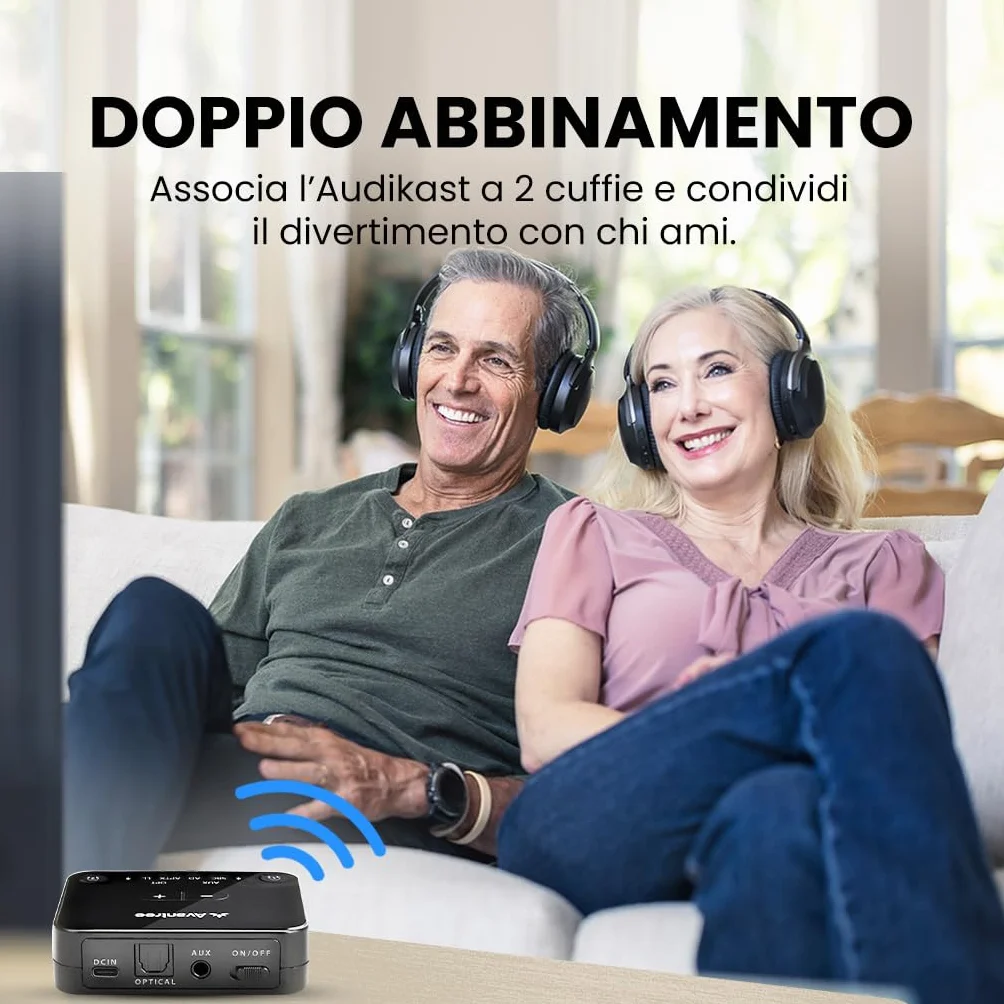Avantree Audikast 3 Trasmettitore Bluetooth 5.3 per TV aptX-Adaptive Dual Link Adattatore Audio Wireless