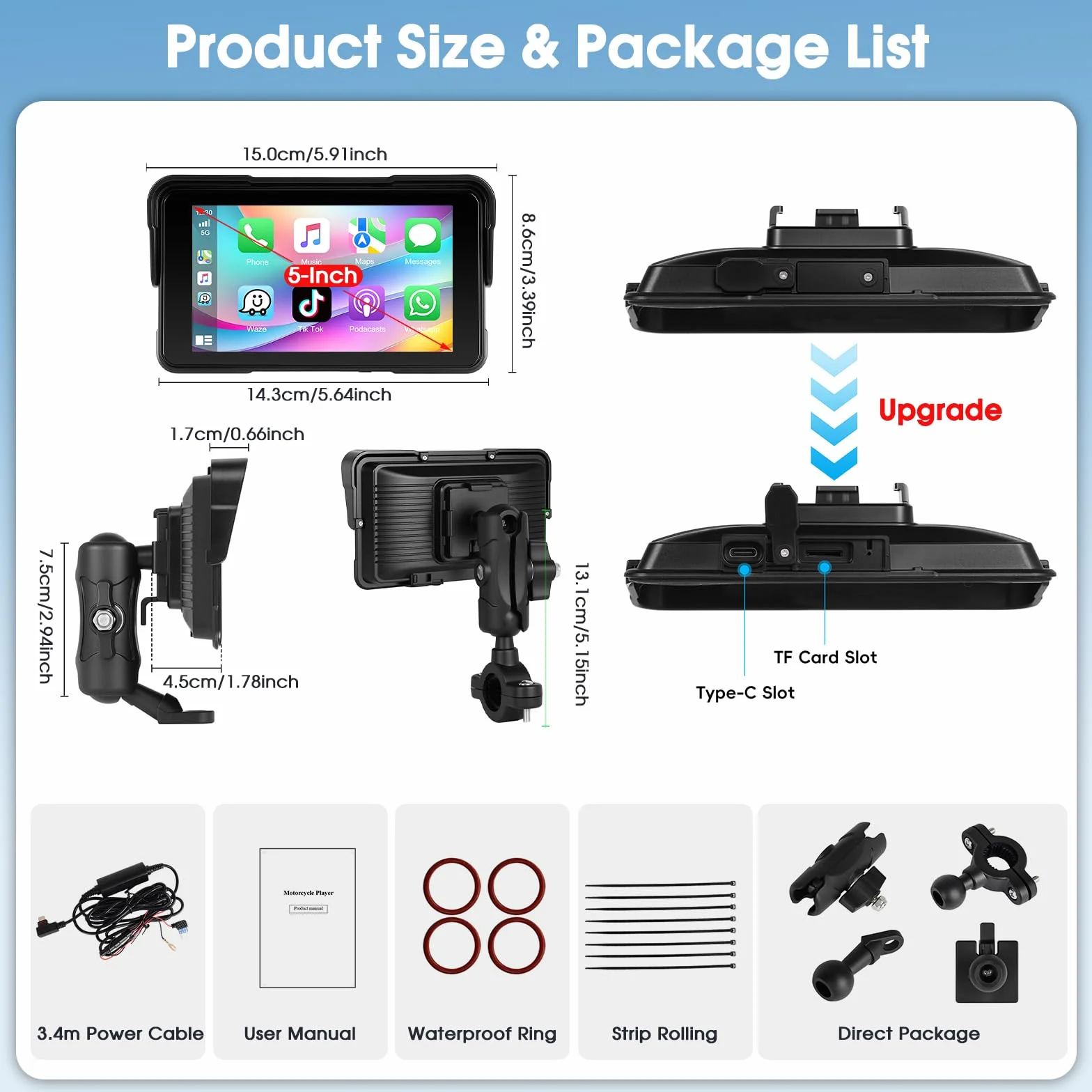 A-pple CarPlay Display Moto Android Auto IP68 Touchscreen HD 5 Pollici Autoradio Portatile Navigazione GPS Bluetooth Radio FM