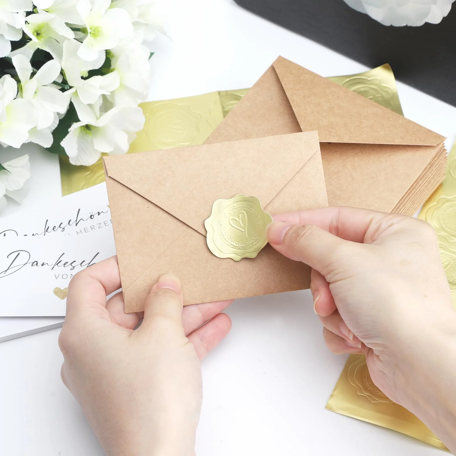VOSSOT 20 biglietti di ringraziamento 9x5,4 cm con buste in carta kraft e sigillo dorato
