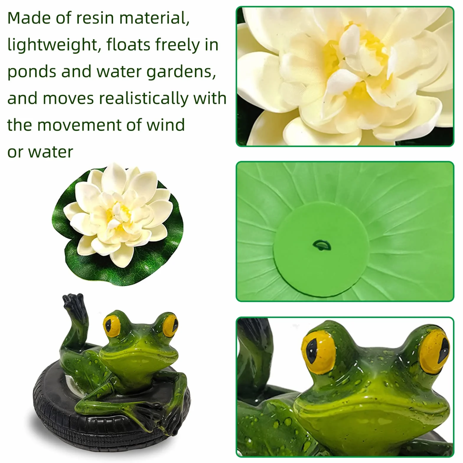 Set Decorativo per laghetti da Giardino, Fiori di Loto Artificiali, Due Rane con Sfere argentate e 2 Fiori di Loto Come Decorazione da Giardino per laghetti da terrazzo, laghetti, fontane solari