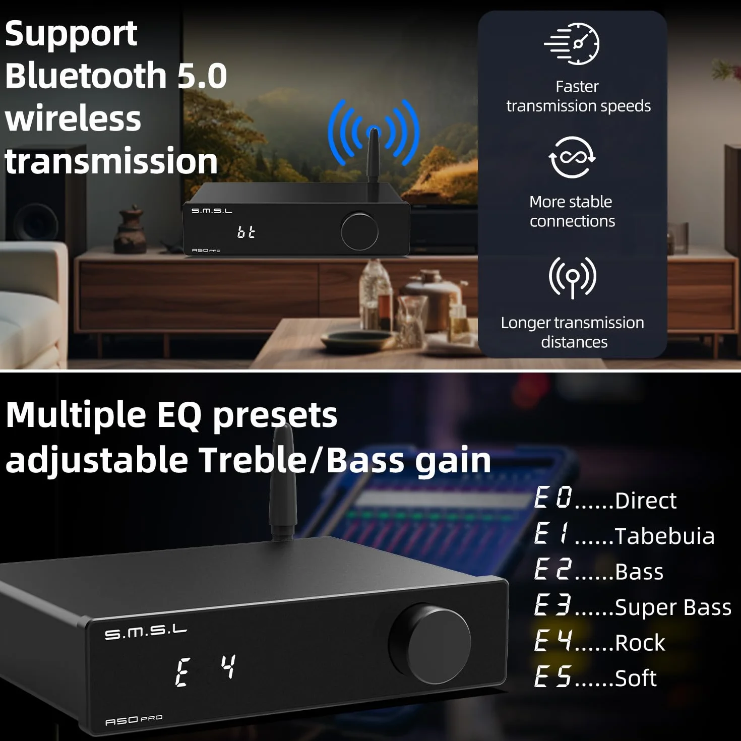 S.M.S.L A50 PRO Amplificatore di Potenza HiFi 2.1 Canali, MA12070P, Bluetooth 5.0, Subwoofer Passivo