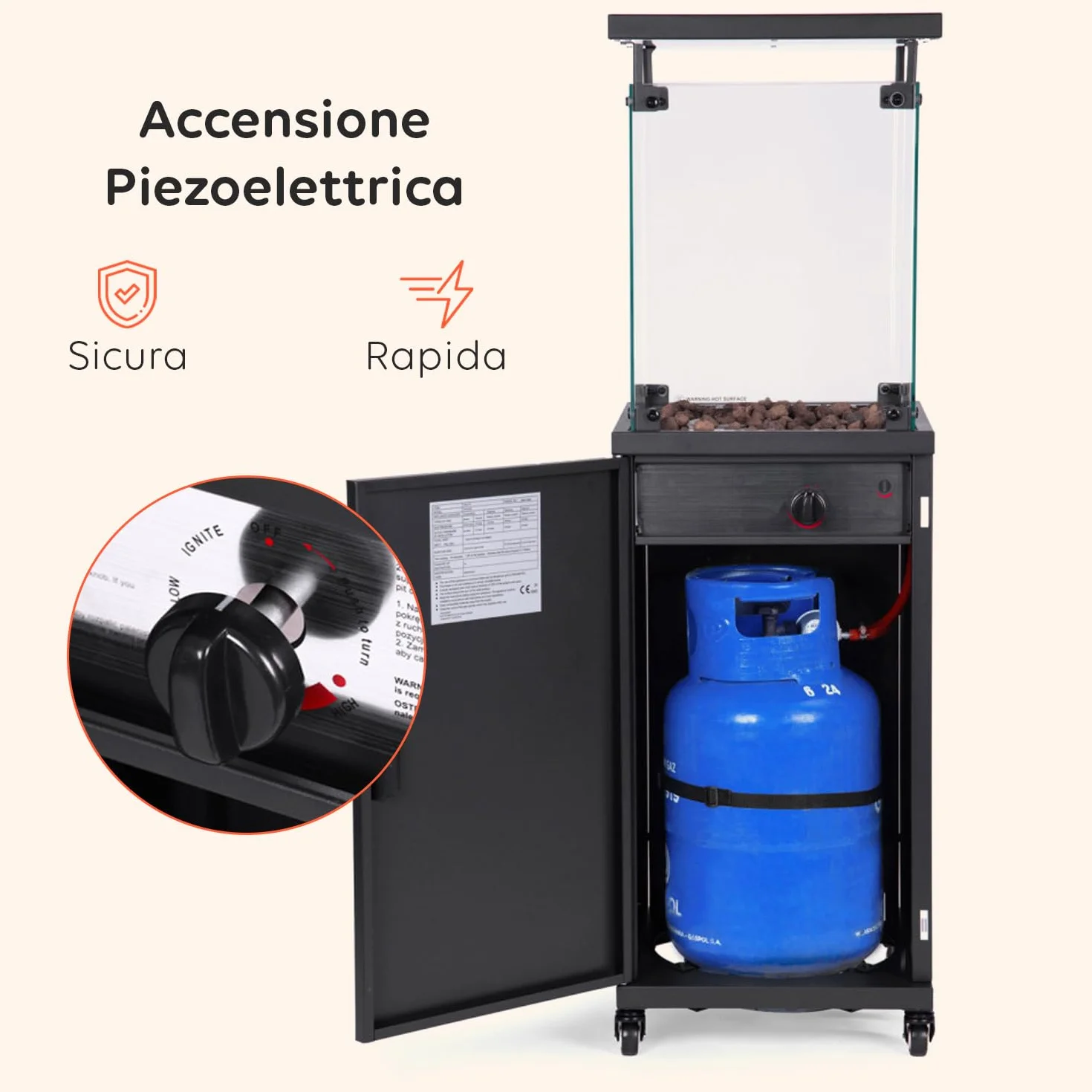 Wintem Caminetto a Gas da Esterno Nero 12 kW 15 m² Accensione Piezoelettrica Roccia Lavica Ruote