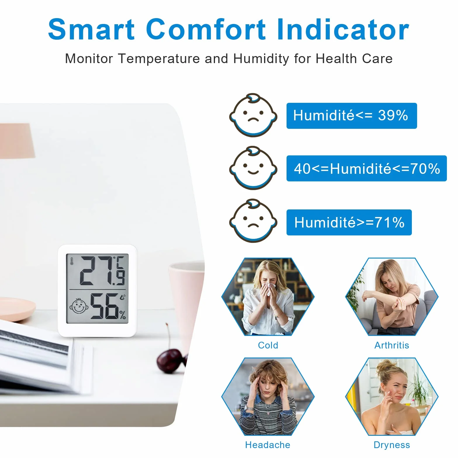 HORJOR Mini Termometro LCD Igrometro Professionale Digitale con Livello di Comfort, Bianco