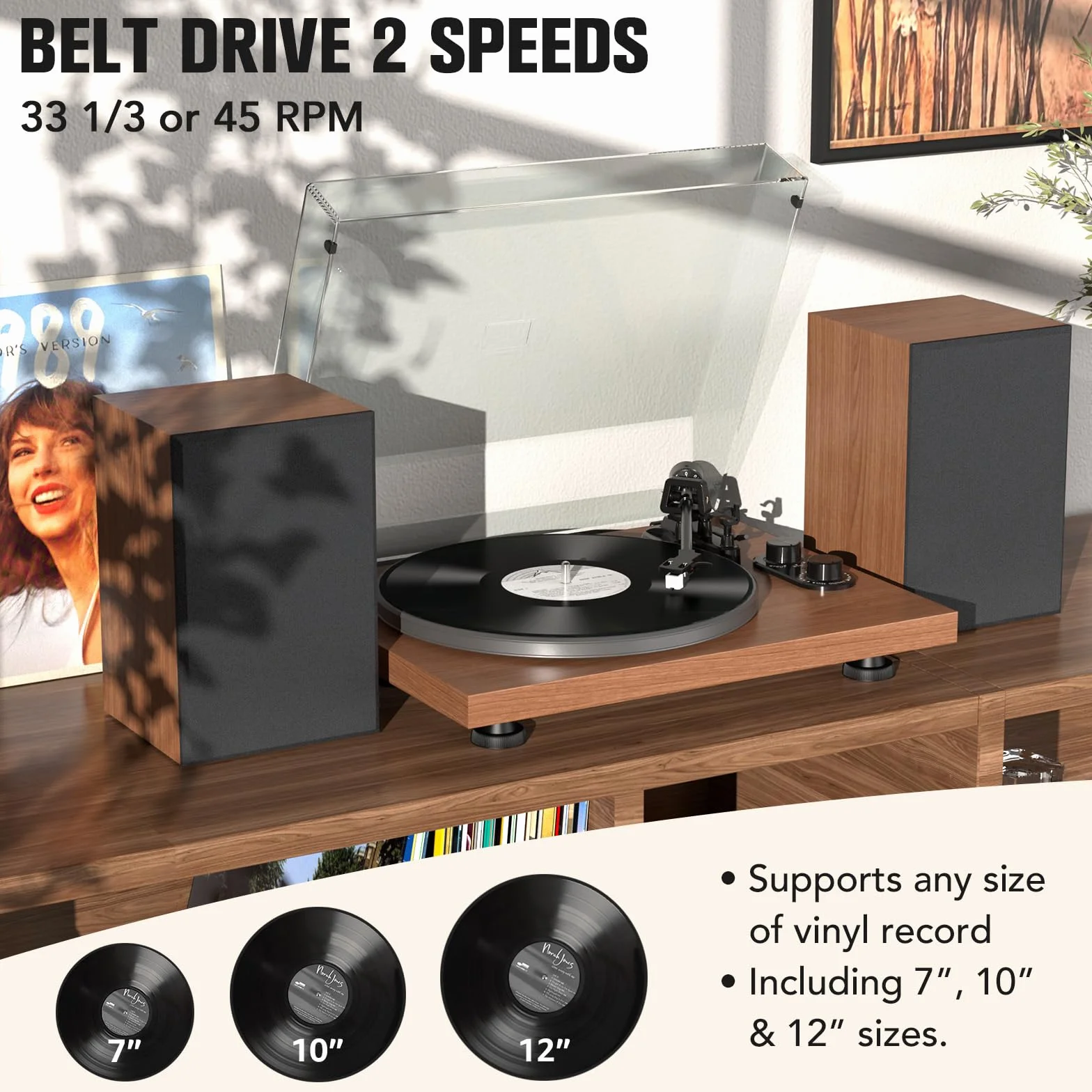 Udreamer Giradischi Sistema Hi-Fi 40 W Lettori Vinile Bluetooth Piatto Alluminio Trasmissione Cinghia 2 Velocità AT-3600L Marrone