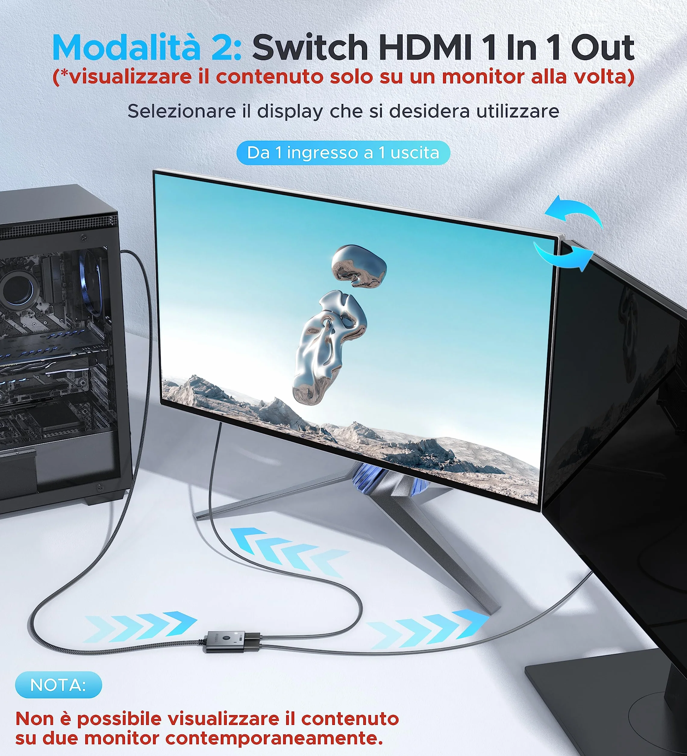 WARRKY Switch HDMI 4K@60Hz Bidirezionale 2 in 1 out Alluminio Cavo Fisso in Nylon 1m HDR HDCP 2.2 3D 1080p