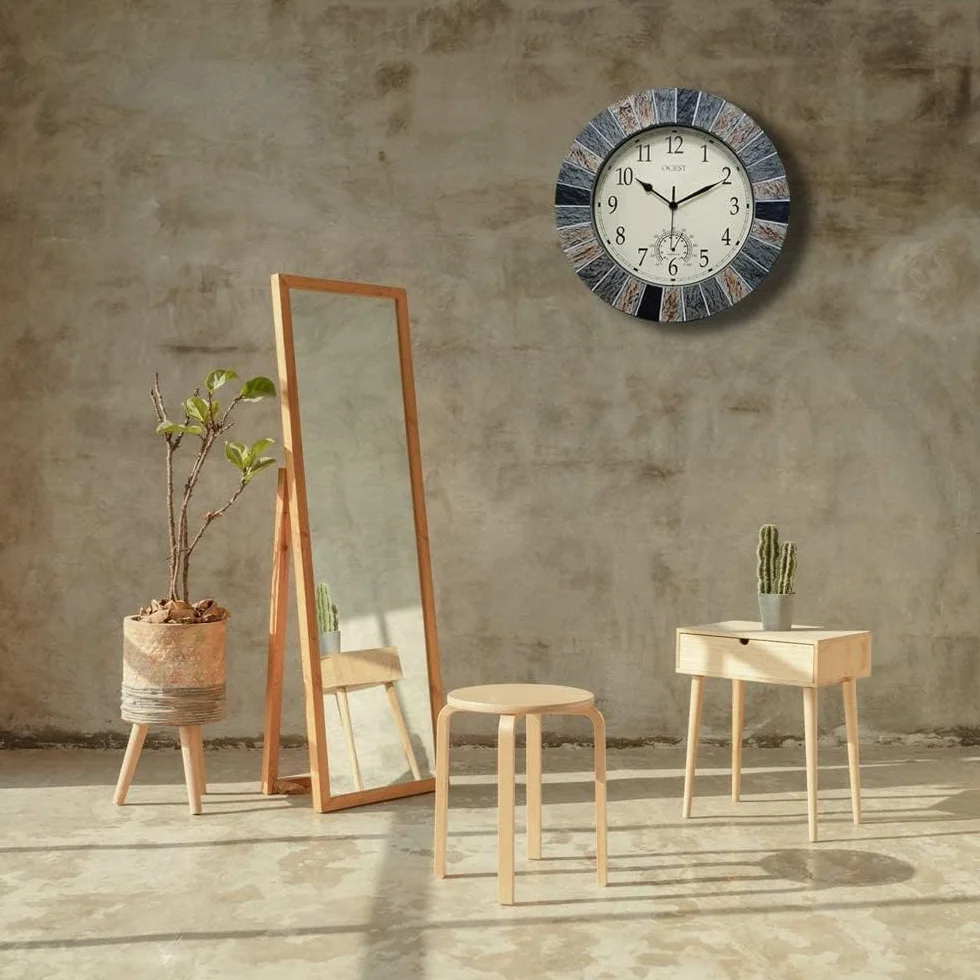 OCEST Orologio da giardino da 33 cm, impermeabile, grande orologio da parete retrò con termometro a batteria, senza ticchettio, orologi decorativi per patio, piscina, cucina
