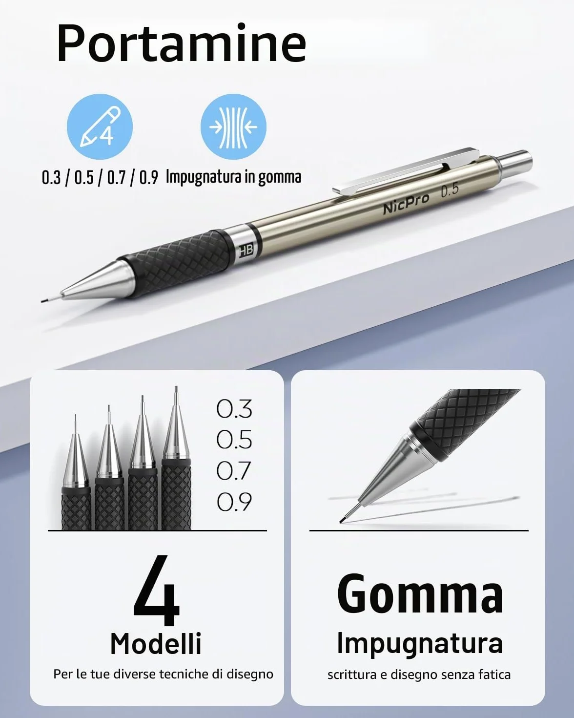 Nicpro 37 pezzi portaminas, matite da disegno metallo 0,3 0,5 0,7 0,9 mm e 2 mm, 6B 4B 2B HB 2H 4H, custodia con 23 ricariche