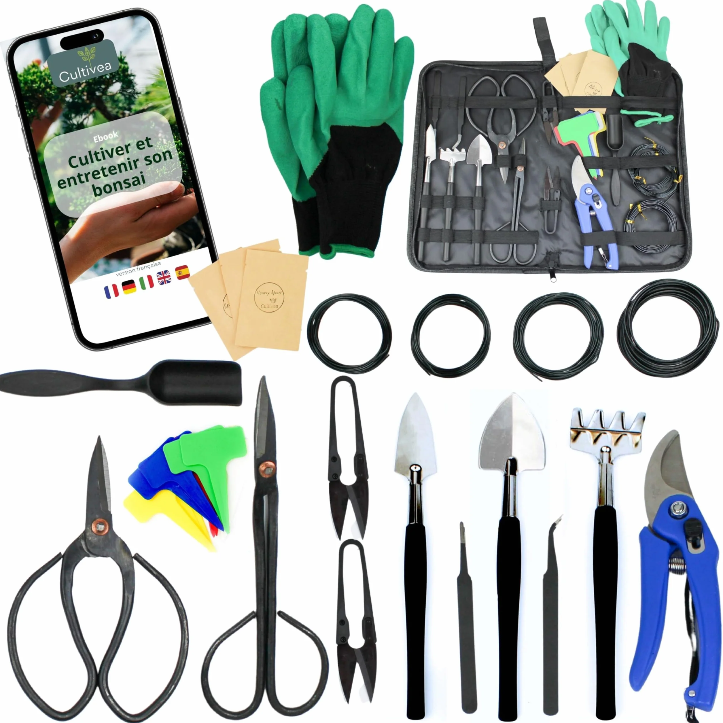 Cultivea® Set di 32 Attrezzi Completi per Bonsai - Attrezzi in Acciaio - Giardino - Cesoie per Bonsai e Cura delle Piante - Forbici - Pinze - Potatura Bonsai - Filo di Alluminio