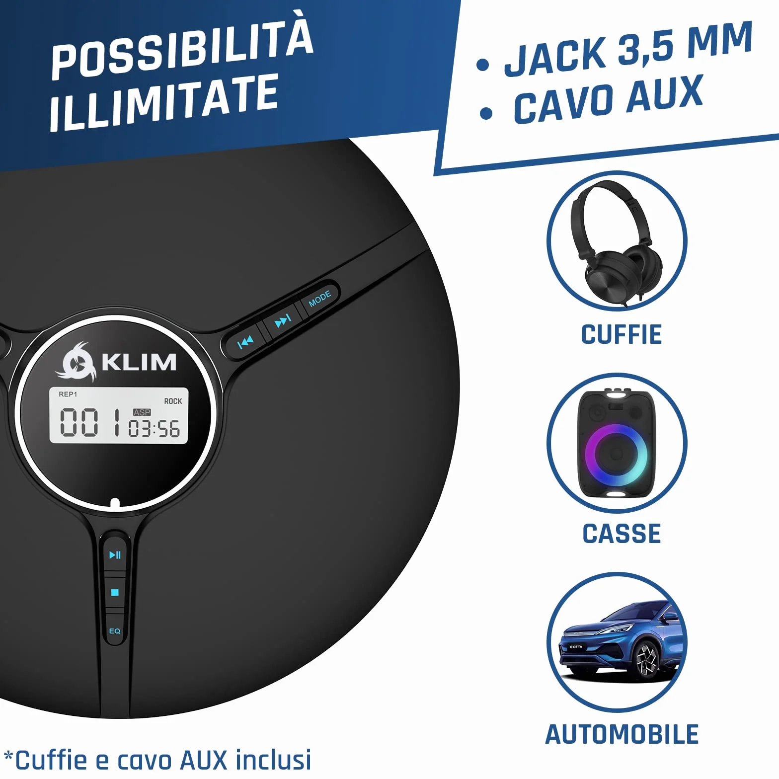 KLIM Discman Lettore CD Portatile con Cuffie e Batteria Ricaricabile CD-R CD-RW MP3