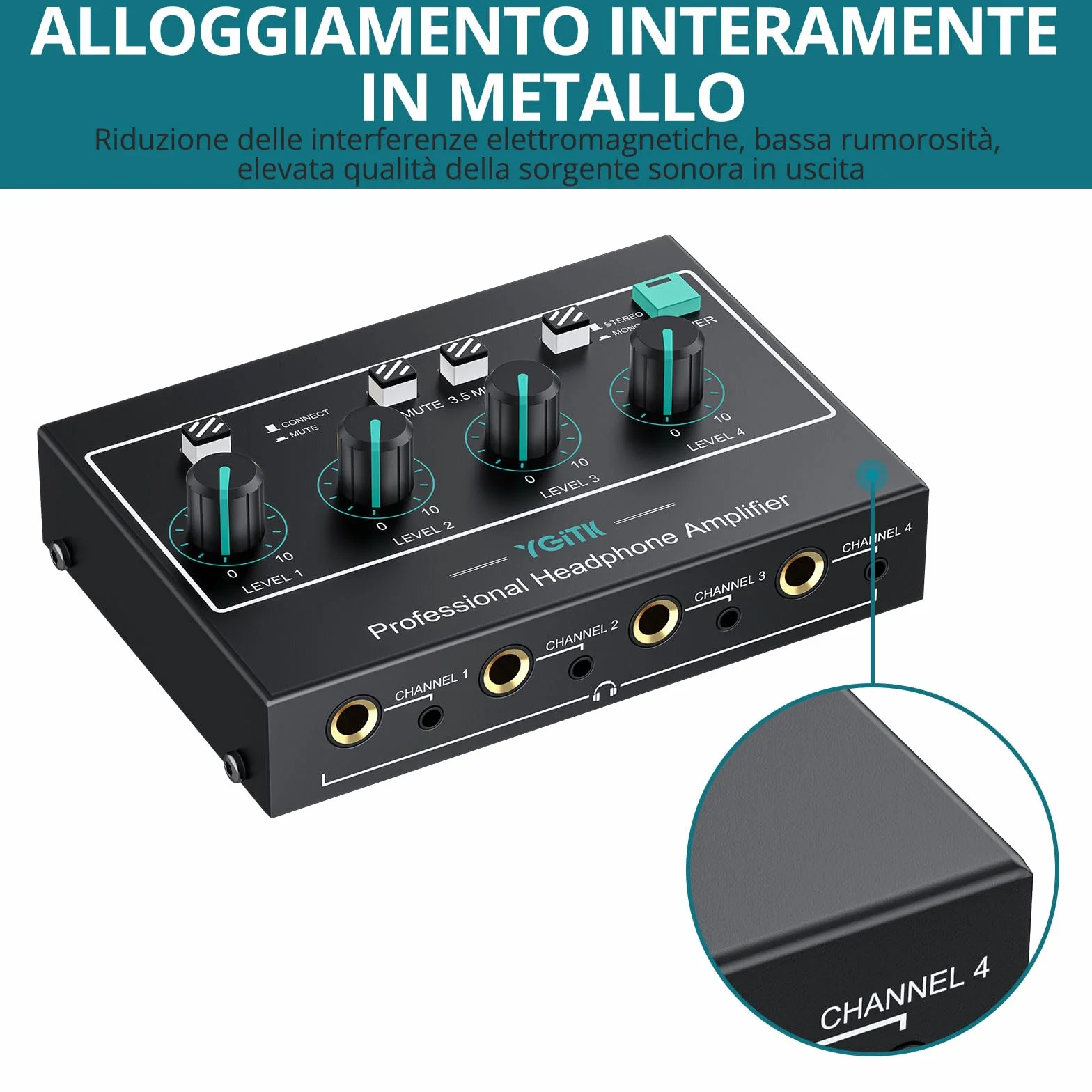 Amplificatore per Cuffie Professionale 4 Canali Audio Mono/Stereo con Ingressi 3,5 mm/6,35 mm per Club, Bar, Mixer