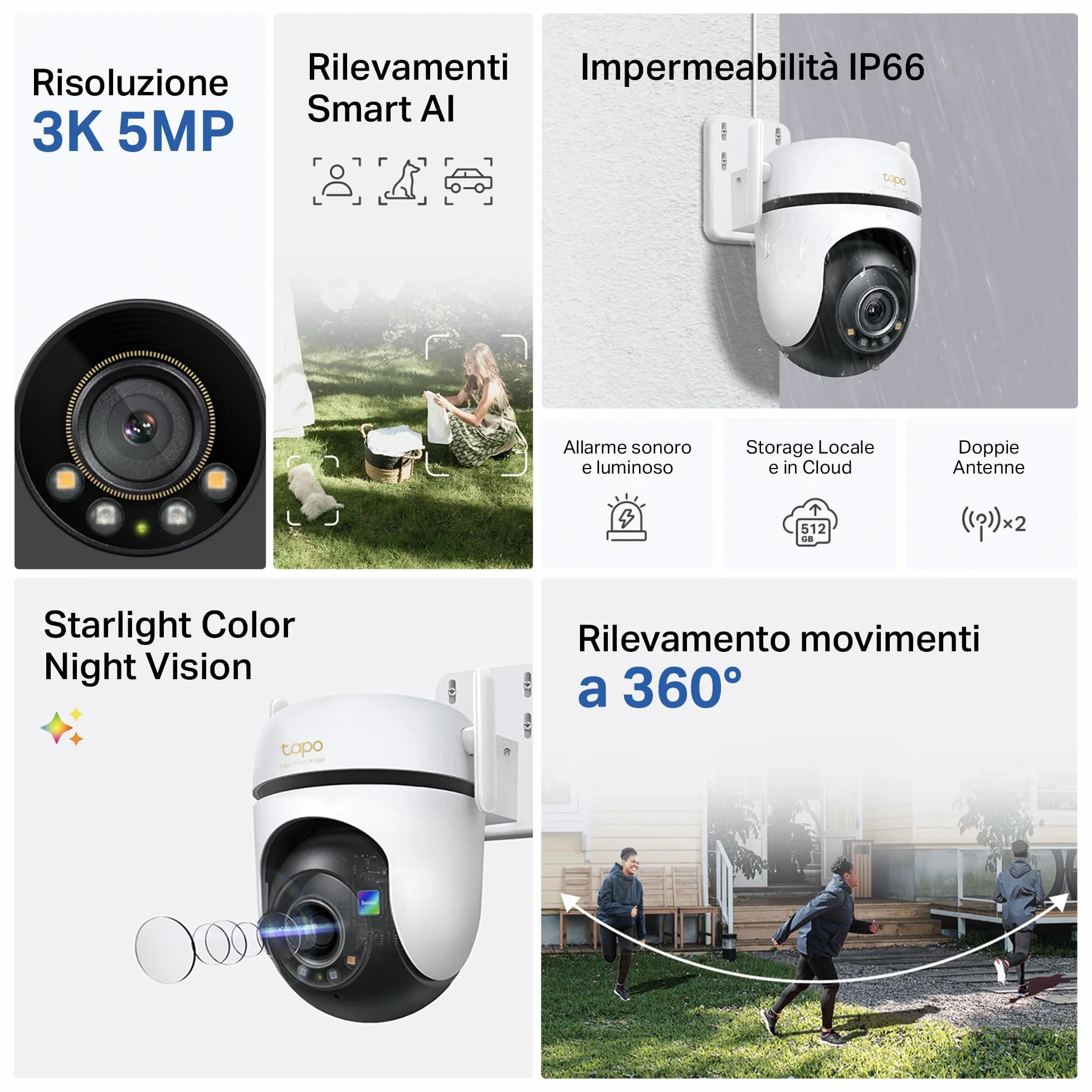 Tapo C530WS Telecamera Wi-Fi Esterno 3K 5MP 360° Visione Notturna a Colori Starlight Rilevamento AI IP66 Wi-Fi Ethernet Allarme Sonoro Luminoso MicroSD 512 GB