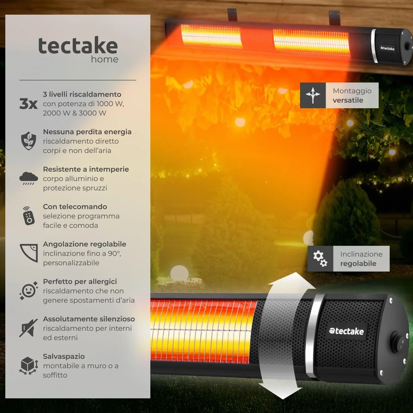 Tectake Radiatore a Infrarossi 3000W, Alluminio, Inclinabile, Telecomando, Nero
