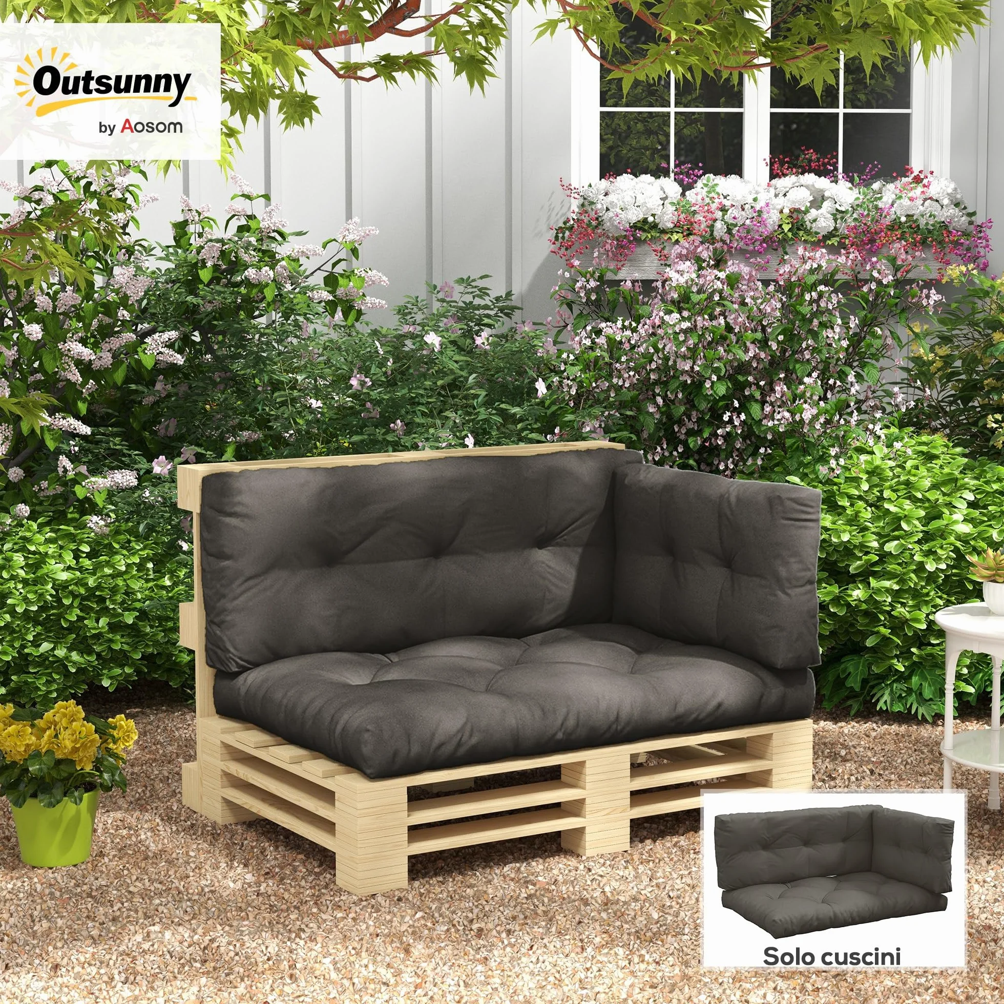 Outsunny Cuscini per Pallet da Giardino 3 Pezzi, Schienale e Seduta, Imbottitura Spessa, Esterno Poliestere, Grigio Carbone