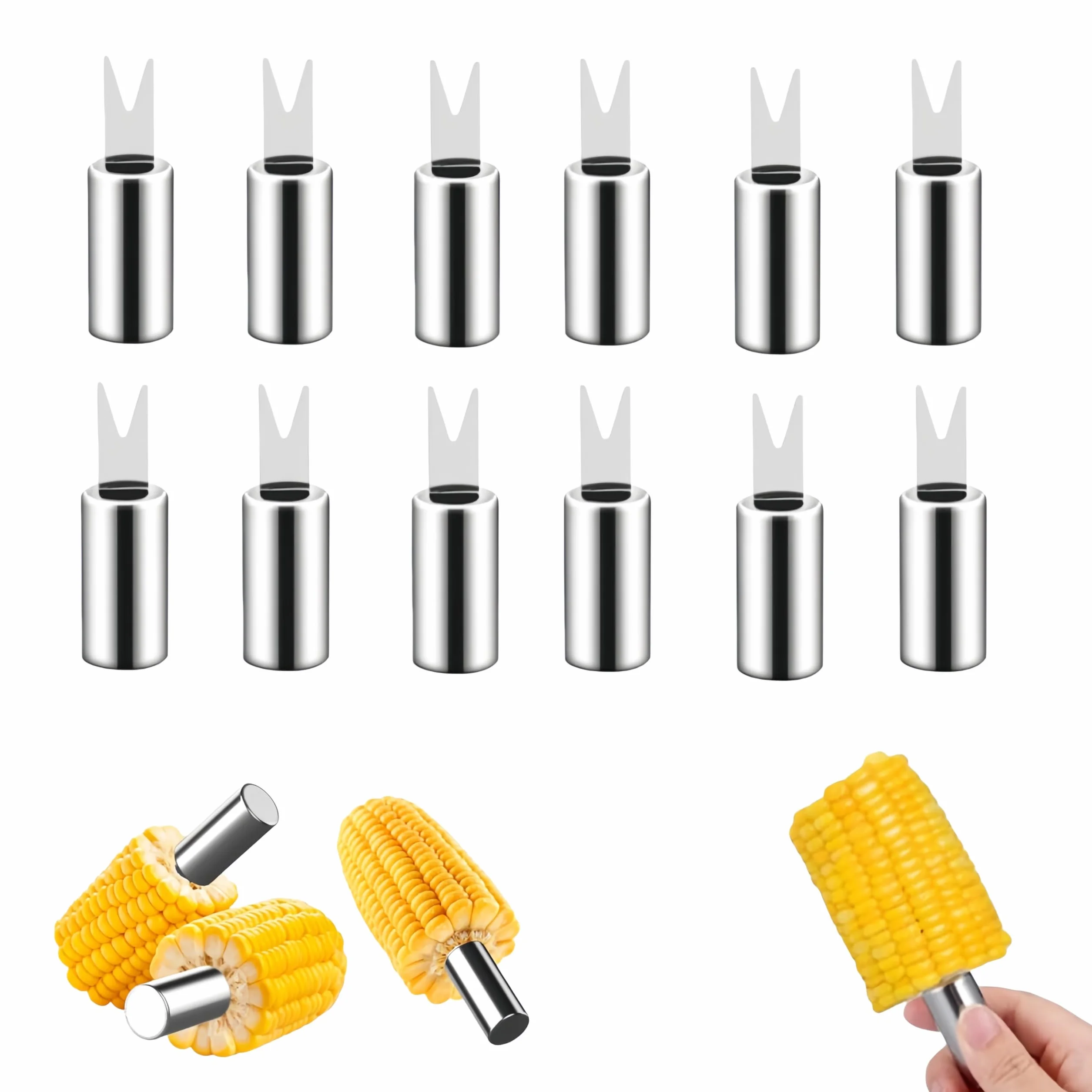 Forchette per mais in acciaio inossidabile, supporto per pannocchie, spiedini per pannocchie, forchette per frutta, cibo, forchette per mais, forchette per mais, utensili da cucina per barbecue