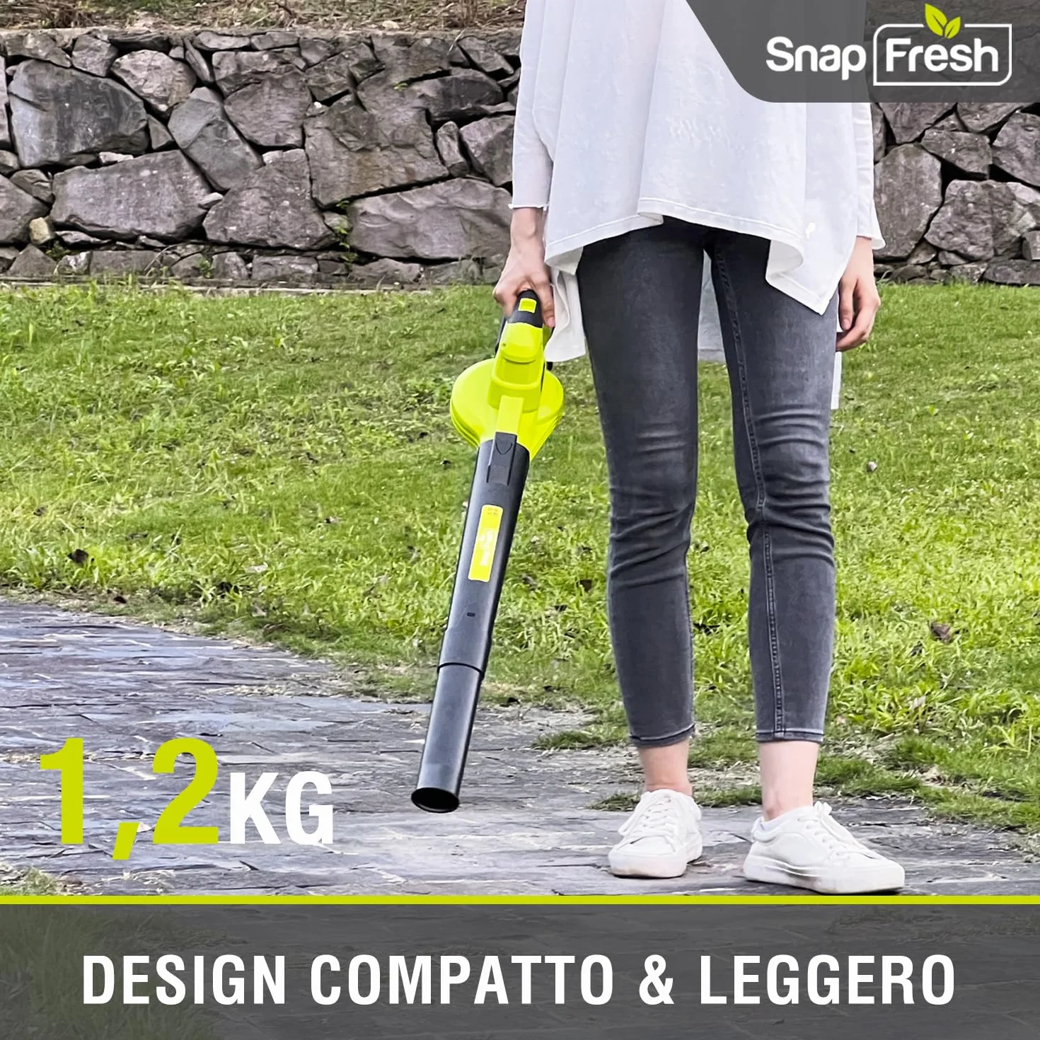 SnapFresh Soffiatore a Batteria 20V Soffiatore Elettrico per Foglie Leggero 1,2 kg, 210 km/h 240 m³/h, 2 Velocità Regolabili, con Batteria e Caricabatterie, per Giardino/Prato/Auto/Polvere (Verde)