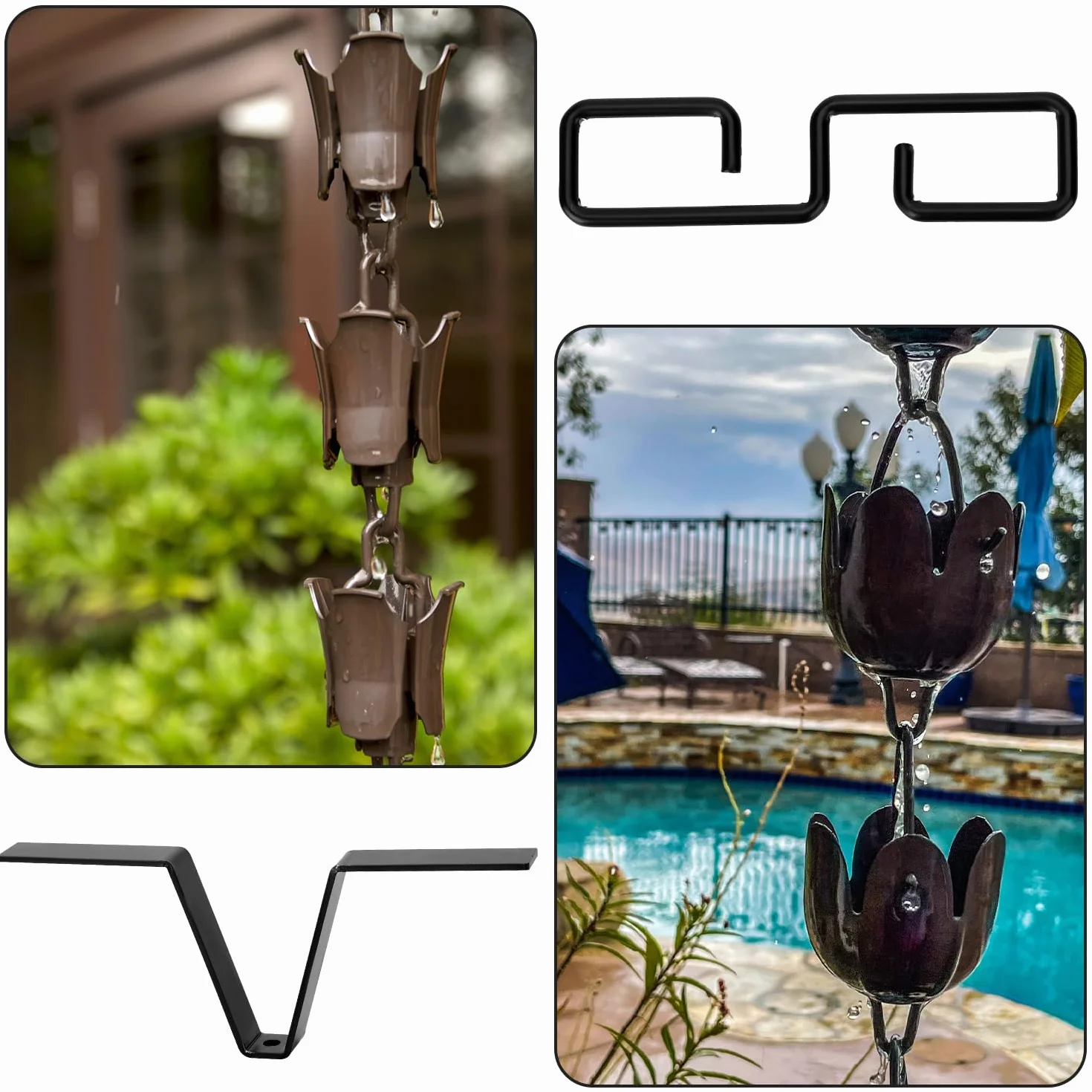 Ganci per Grondaie a Catena per Pioggia, V Clip e S Gancio Adattatore 2 Pezzi