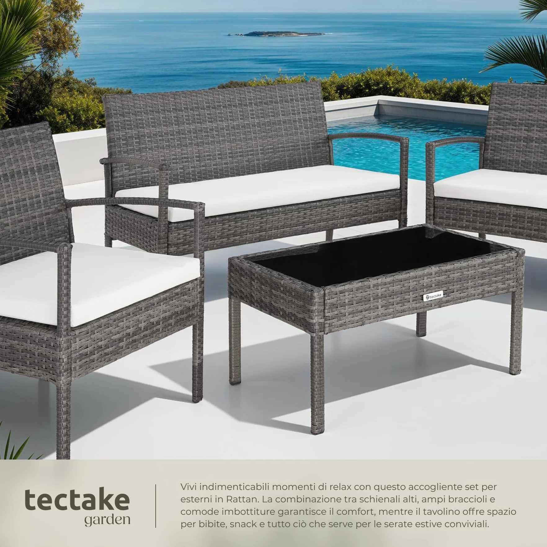 tectake® Set di Mobili in Rattan Sparta, Set Sedie, Panca, Tavolino Salotto con Lastra in Vetro, Comodi Cuscini Idrorepellenti, Ideale per Giardino, Terrazzo, Veranda - Grigio