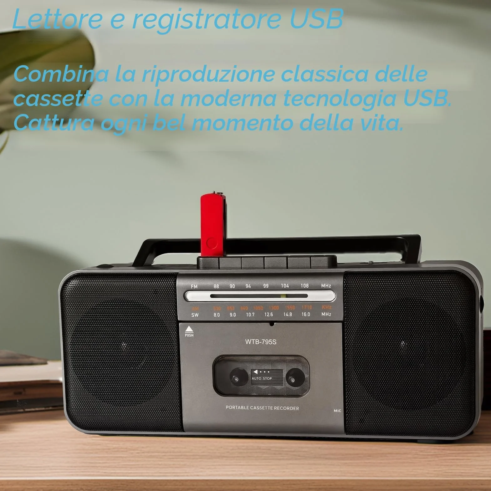 Lettore di cassette AM/FM/SW Bluetooth 10W portatile convertitore MP3 USB