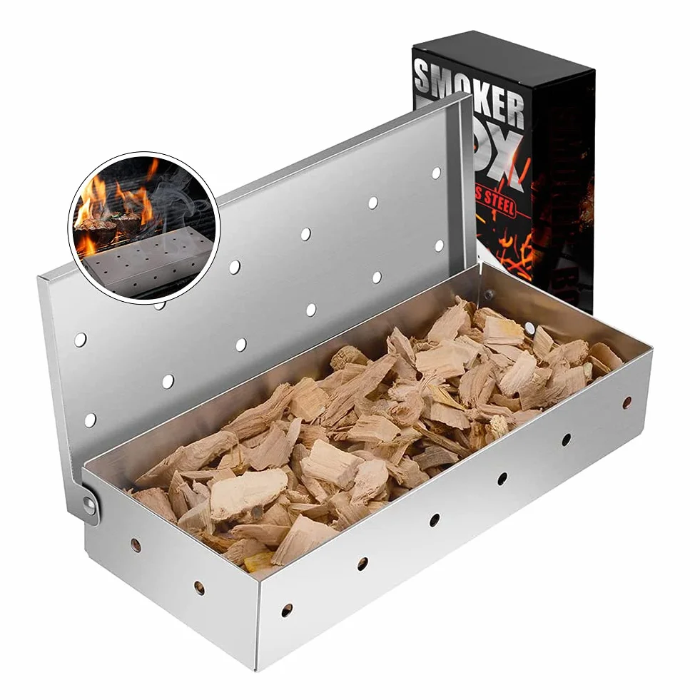 Scatola per Fumatori, Scatola per Fumatori per Barbecue per griglia a Carbone Scatola per Fumatori di Carne Accessori per Barbecue, Scatola per Fumo in Acciaio Inossidabile - Nastro(Senza Chip)
