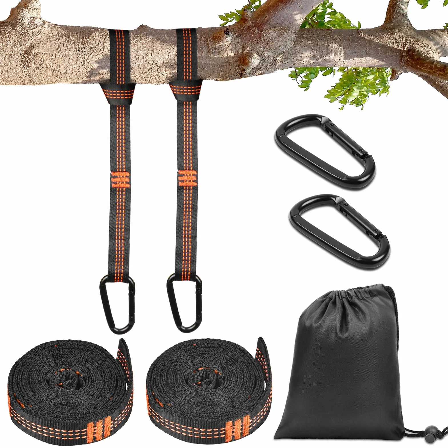 Vicloon 2 Pezzi Cinghie per Amaca 300 cm con Moschettoni, Fino a 300 kg, Set Fissaggio Campeggio, Arancione