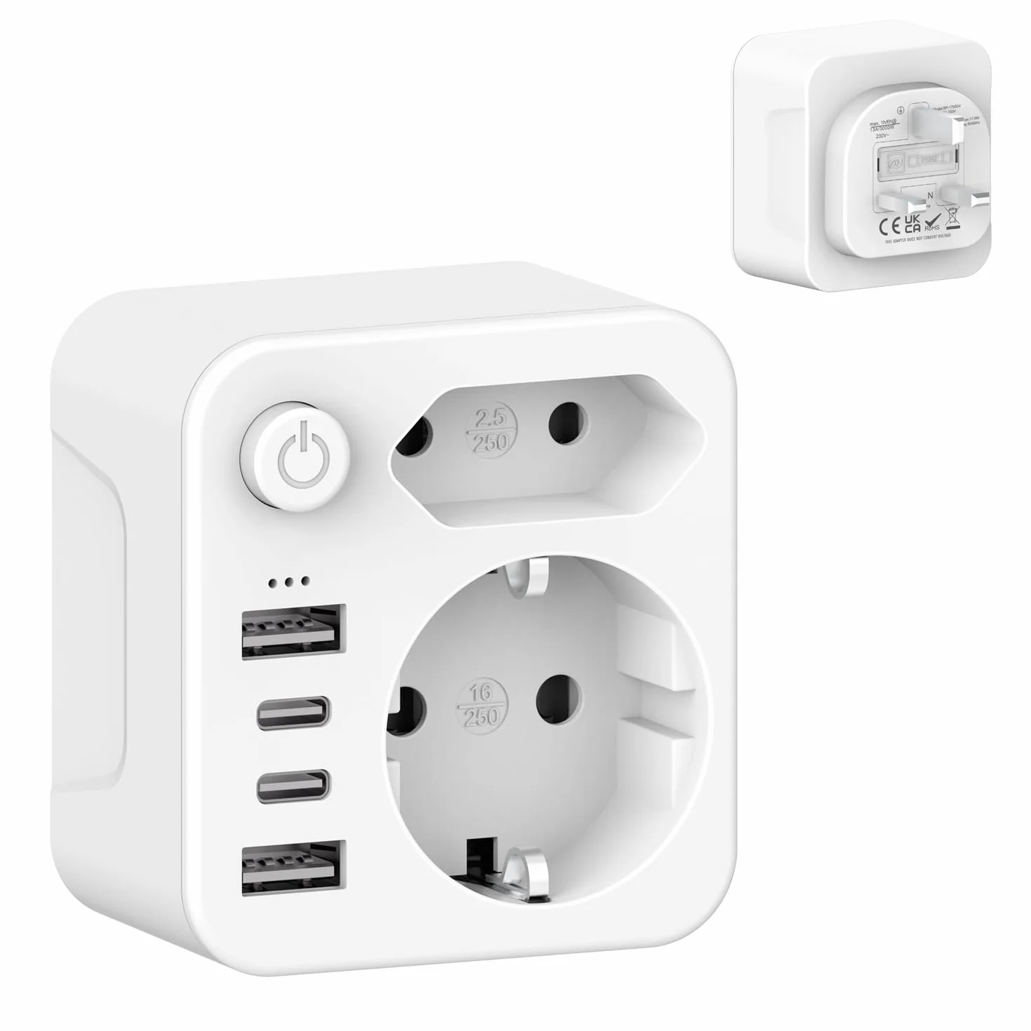 Adattatore Presa Inglese UK Spina Tipo G 2 USB 2 USB-C 3.4A 17W per Inghilterra Irlanda Gran Bretagna
