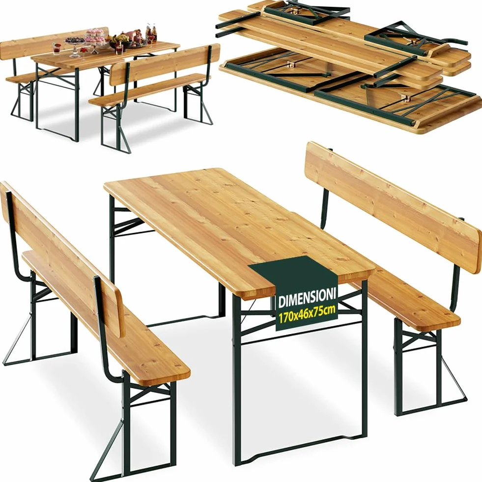 BAKAJI Set 3 Pezzi Birreria con Tavolo Pieghevole e Panche da Esterno, Struttura in Acciaio Comoda, Seduta Ergonomica e Resistente, Ideale per Giardino, Bar, Campeggio, Sagra (170 cm con Schienale)