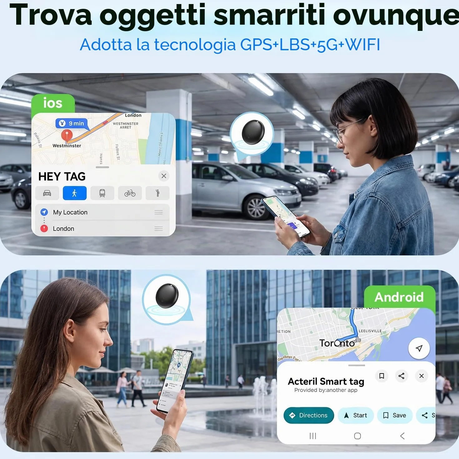 Smart Tag Bluetooth Tracker Android iOS 4 Pezzi Google Dov'è Apple Find My