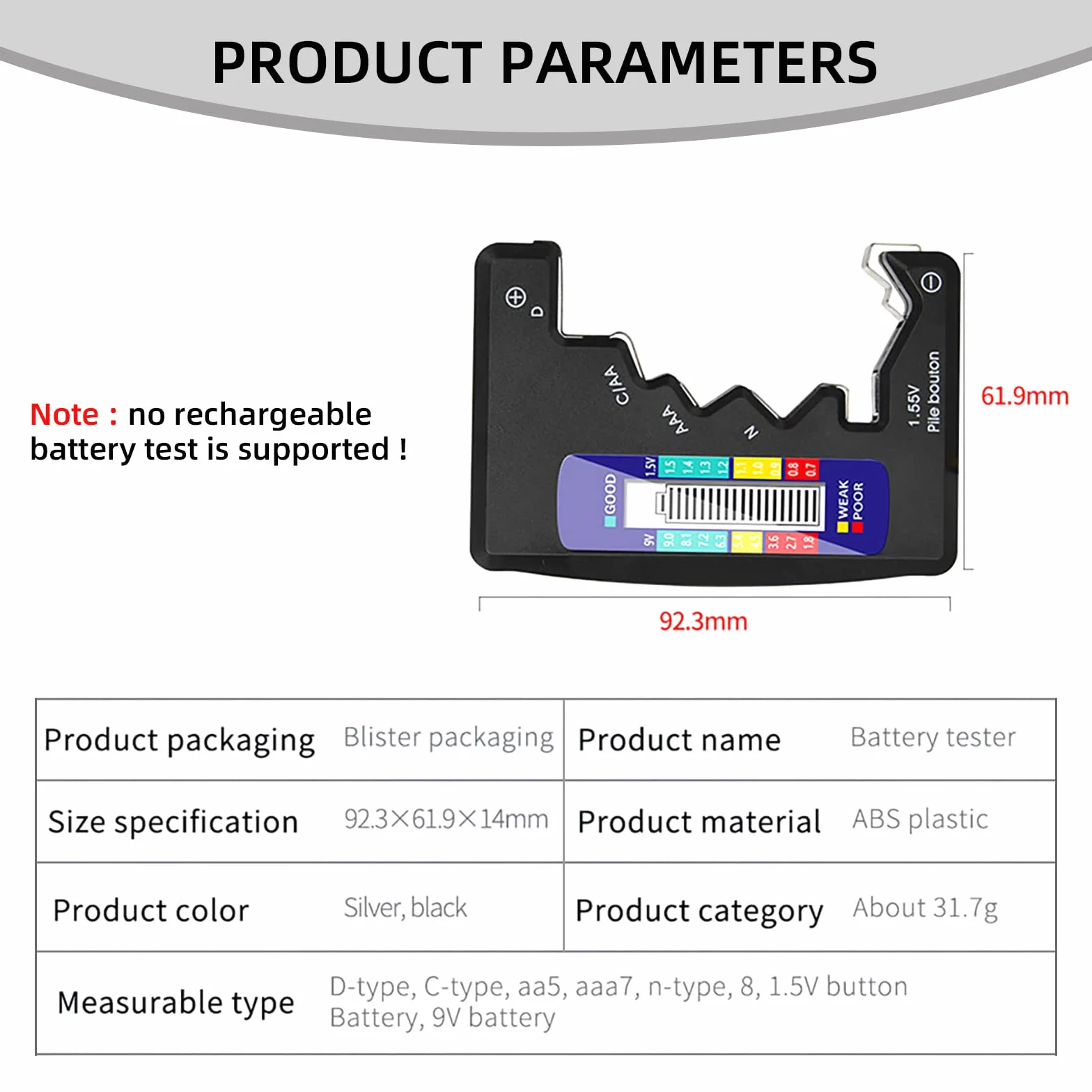Tester della Batteria Universale con Display LCD Digitale per Batterie AA/AAA/C/D 1,5V-9V