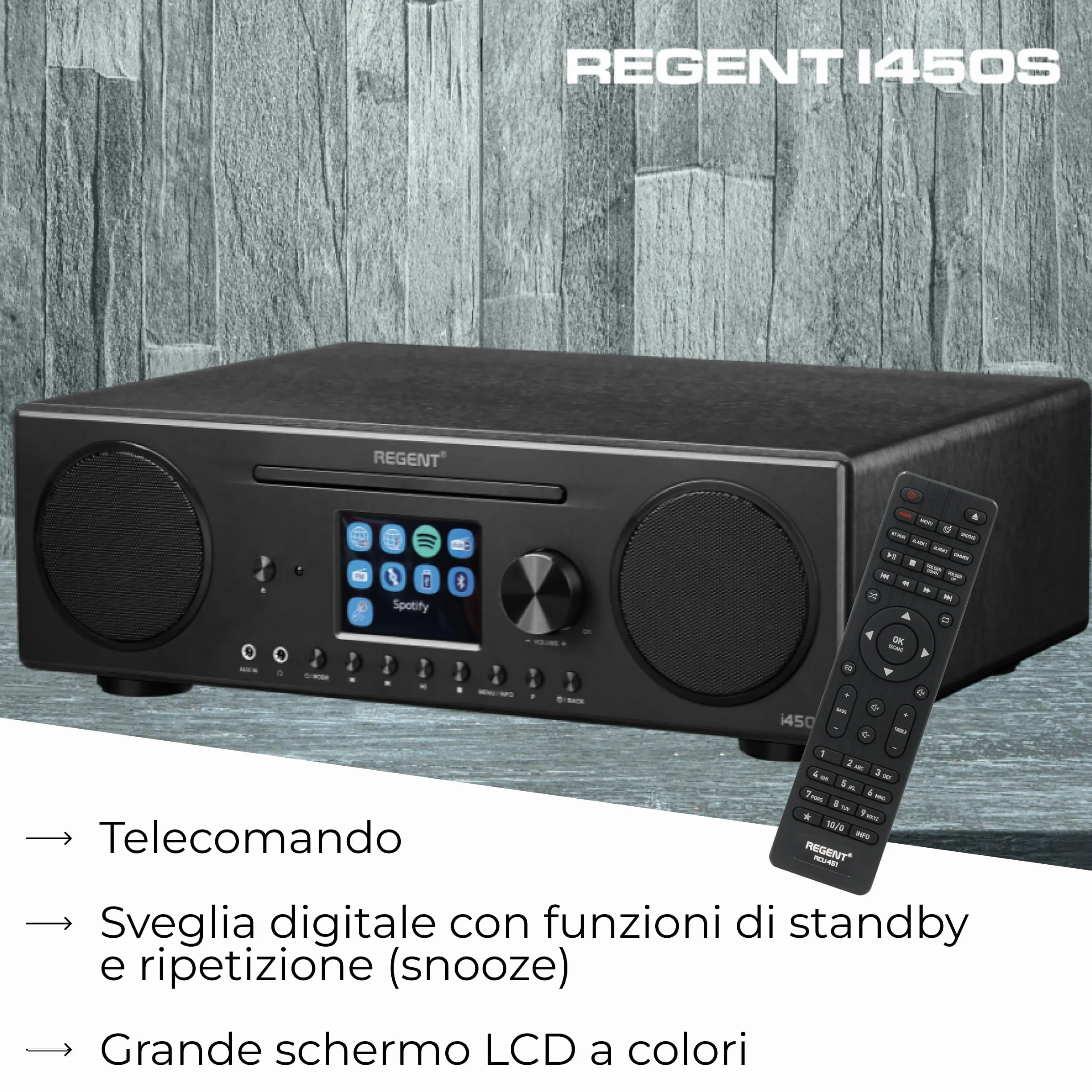 Ferguson Regent i450s DAB+ Digital Internet Radio with Spotify Connect, Bluetooth, AUX, USB, Hi-Fi Home Stereo, Doppio Allarme, Telecomando Nero