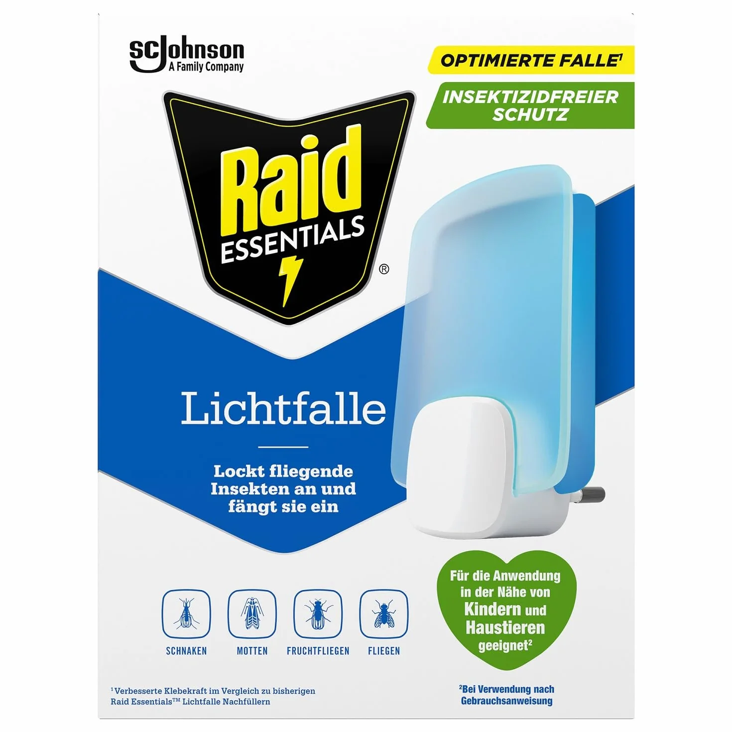 Raid Essentials - Trappola luminosa a LED per mosche, mosche e tarme, protezione 24/7, senza insetticidi, adatta alla famiglia, inodore e senza residui, per interni, 1 trappola luminosa e 1 ricarica