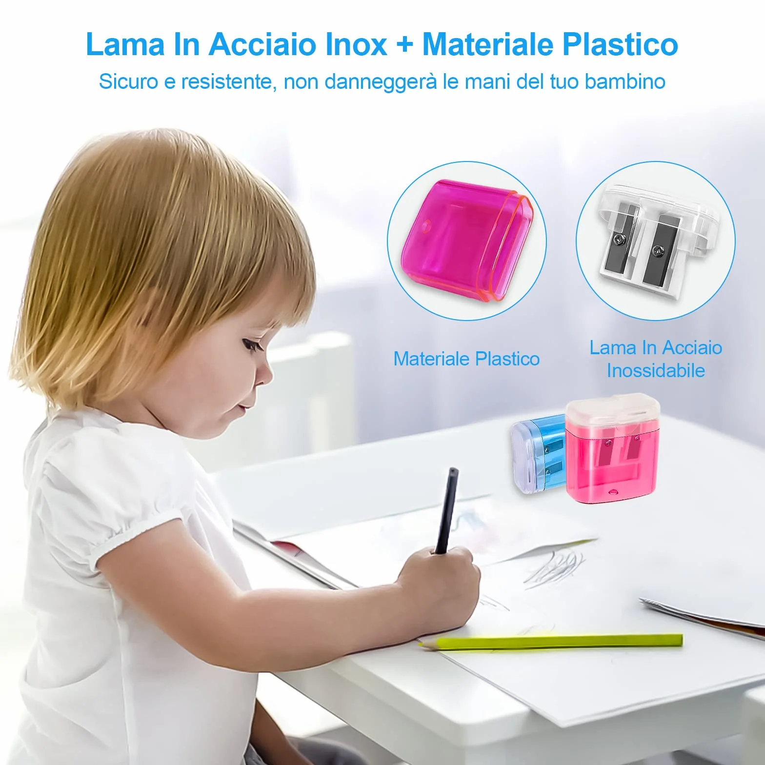 Temperino con Serbatoio Doppi Fori 4pcs per Matite Bambini Scuola Ufficio