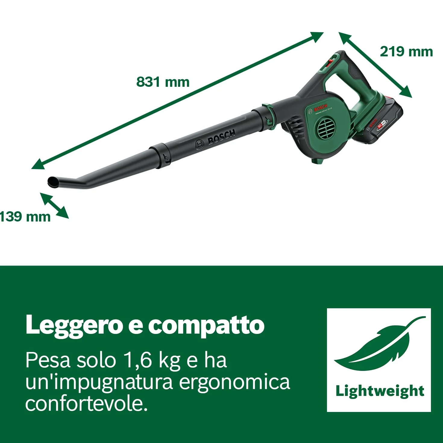 Bosch Soffiatore da giardino a batteria UniversalLeafBlower 18V-130 (per pulizie rapide e agevoli all'esterno; 18 Volt System; senza batteria)