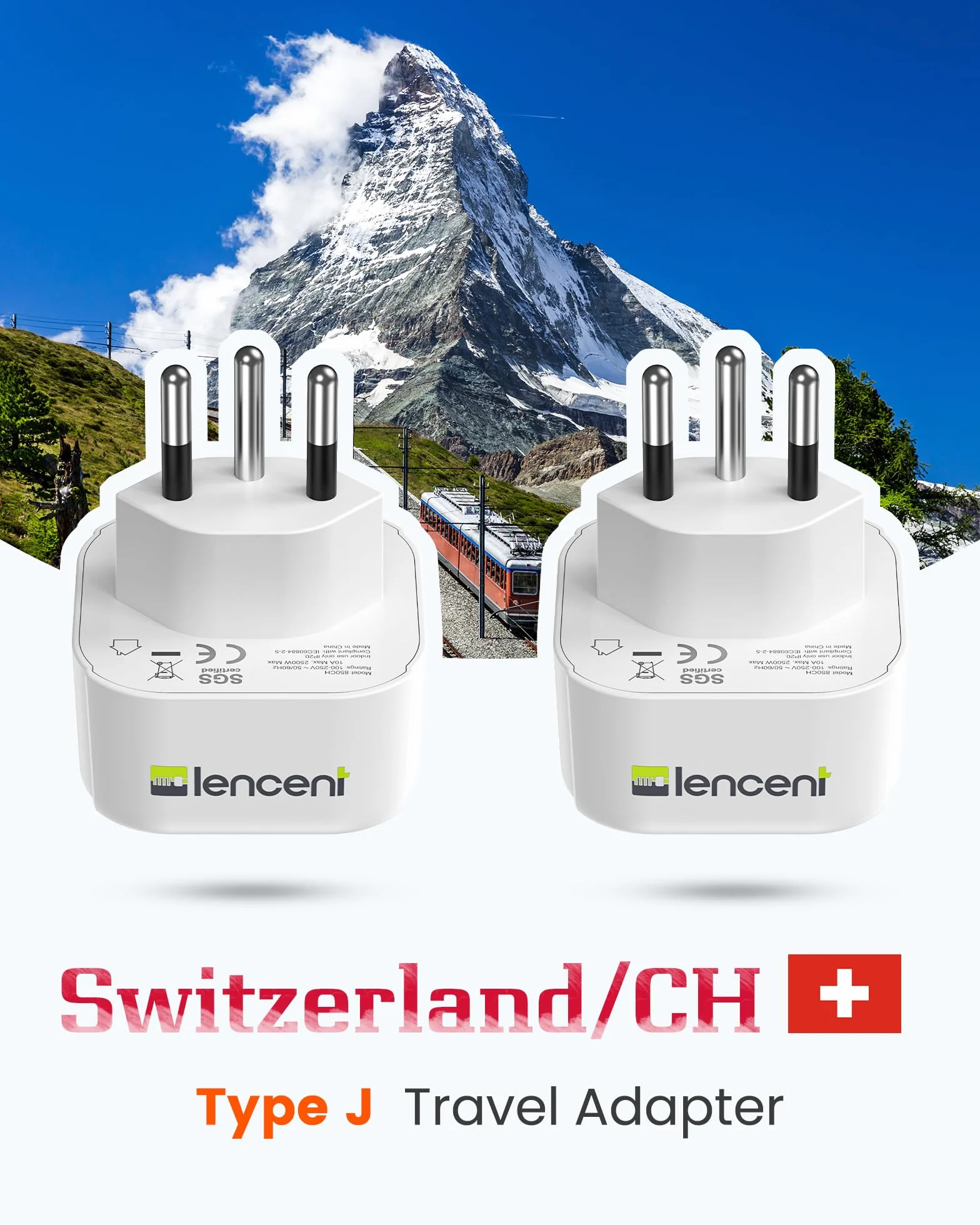 LLENCENT Adattatore Presa Svizzera da Viaggio, Presa Schuko 2 Pin Europa a 3 Pin Svizzera, Tipo J
