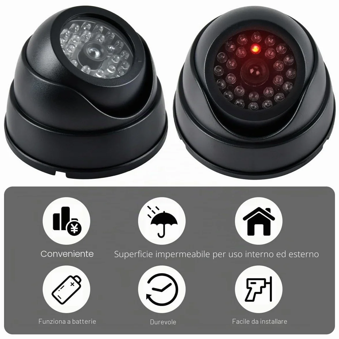 Telecamera Finta Esterno con Led 2PZ CCTV Fittizia Nero a Batteria