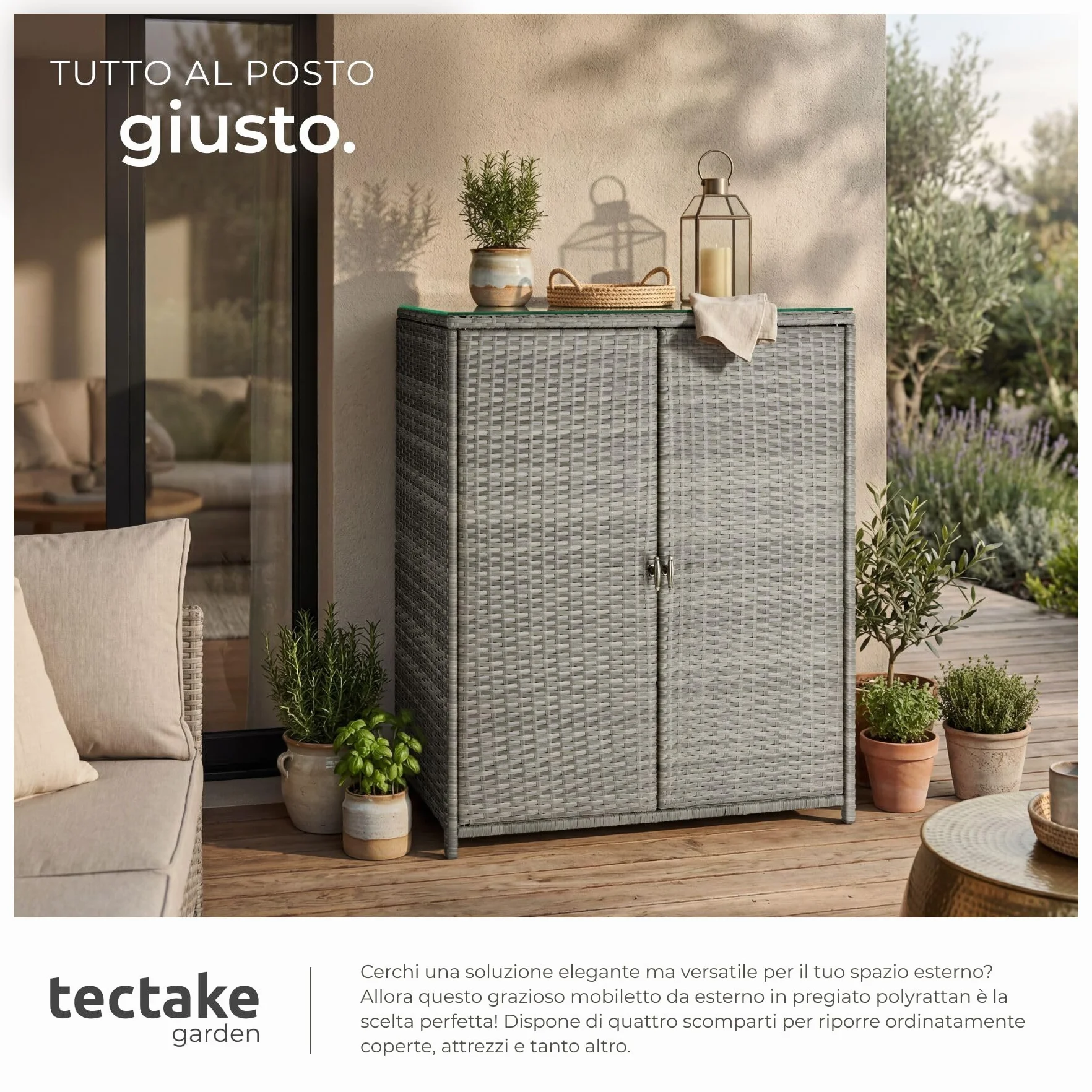 Tectake Armadio da Giardino in Rattan 84x40x103 cm 4 Scomparti Grigio